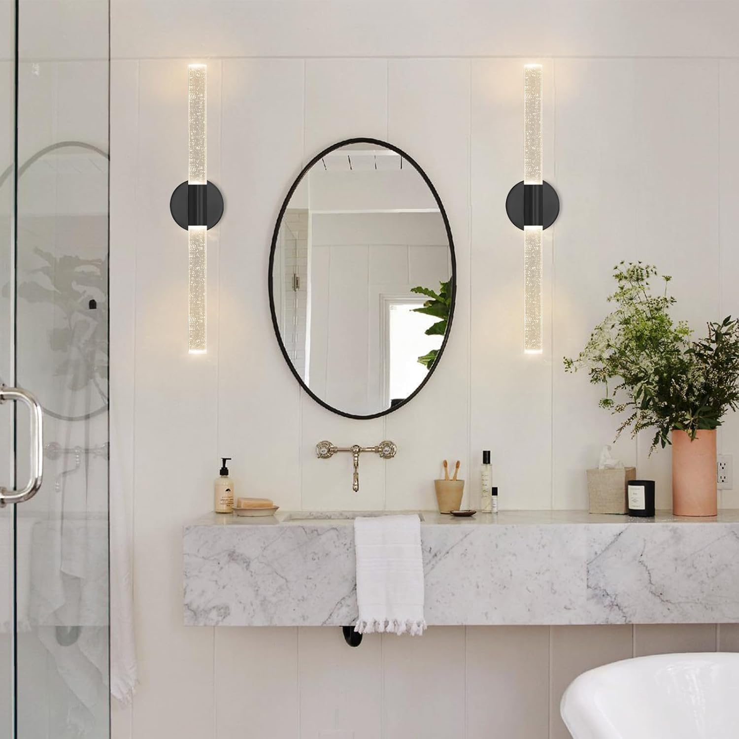 Juego de dos apliques de pared negros modernos LED para comedor, iluminación de pared de 30 W, 3000 K, luces de pared LED de cristal con cable para