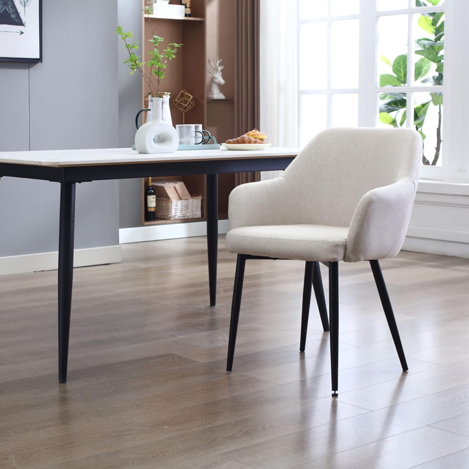 Juego de 2 sillas de comedor con brazos, silla de cocina con respaldo medio, cómoda silla tapizada, silla de ocio con patas de metal para comedor,