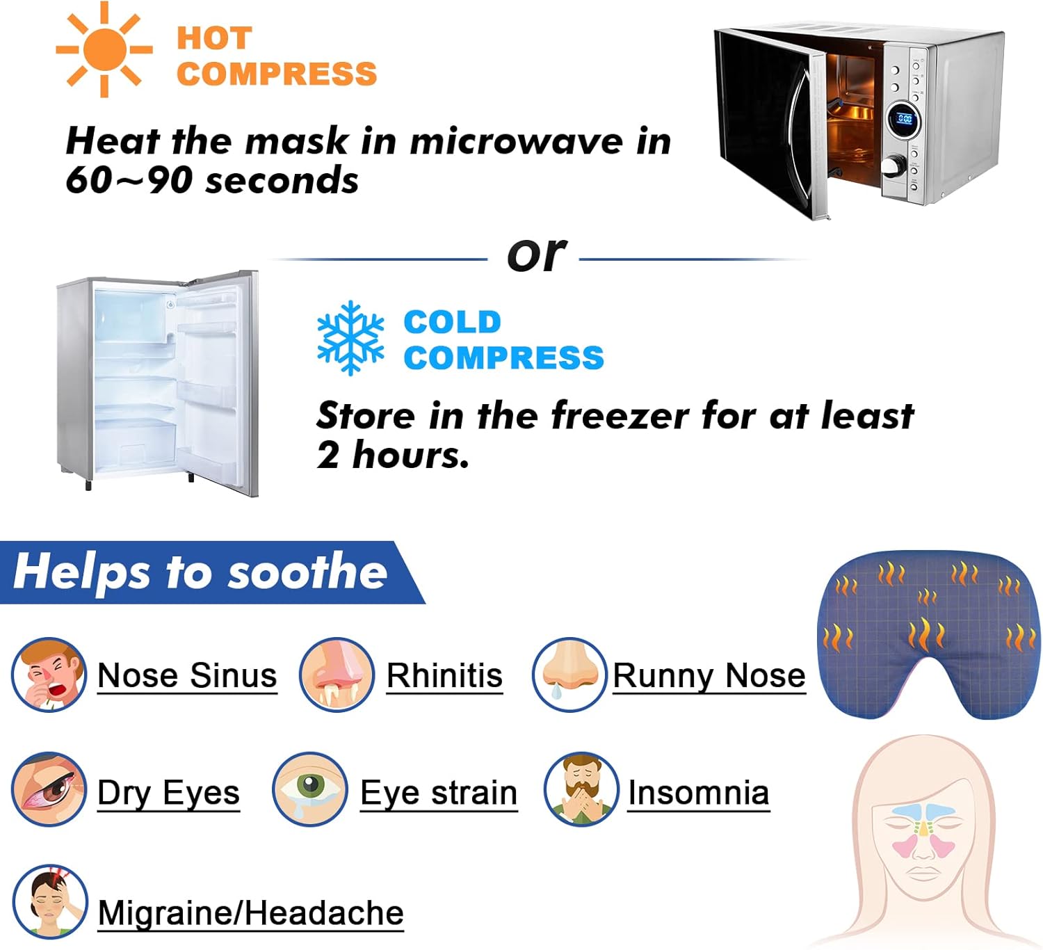 Atsuwell Máscara sinusal, máscara de ojos de compresión fría cálida para ojos secos, almohada pesada para ojos para microondas, almohadilla térmica