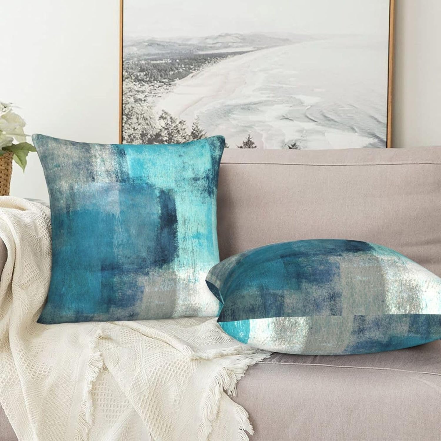 Juego de 2 fundas de almohada de arte moderno, color turquesa, abstracto, cuadradas, decorativas, para sofá, hogar, dormitorio, silla, automóvil,