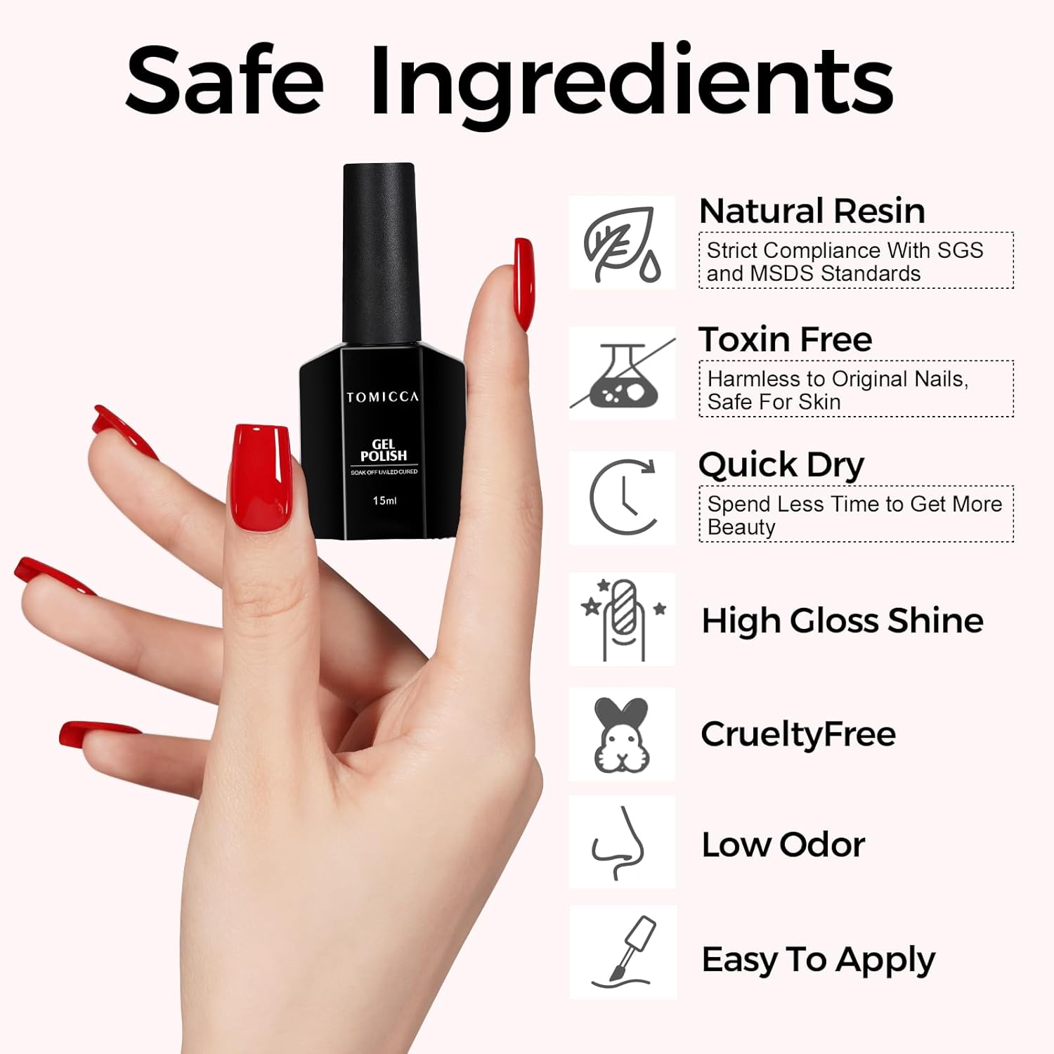 TOMICCA Esmalte de uñas de gel rojo (necesita uso de luz LED), esmalte de uñas rojo brillante de Navidad, esmalte de uñas rojo UV de secado rápido,