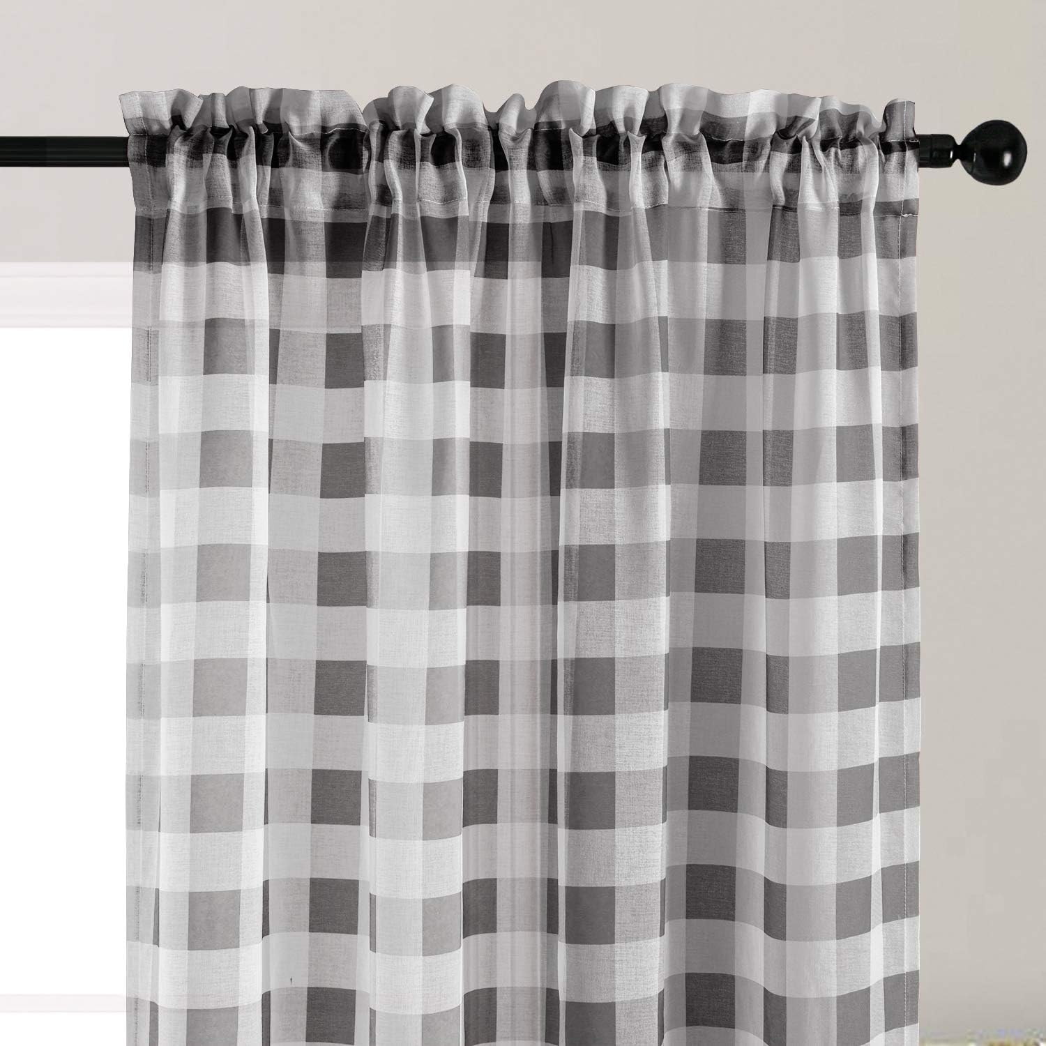 Hiasan Buffalo – Cortinas transparentes a cuadros para sala de estar, con dobladillo para el barral de la ventana, para dormitorio y granja