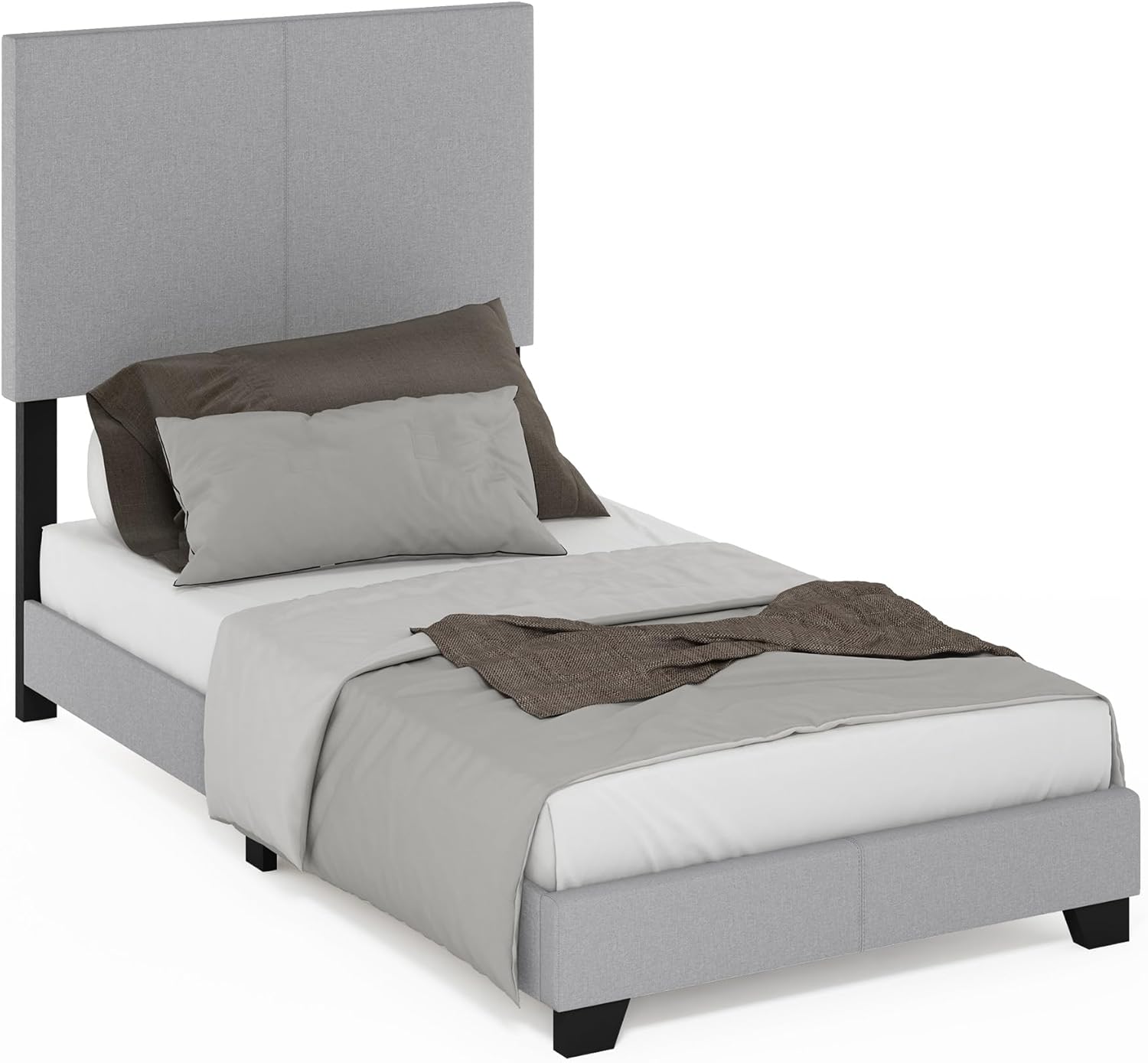 Furinno Pessac – Marco de cama tapizado de tela con soporte de listones de madera, tamaño individual, glaciar