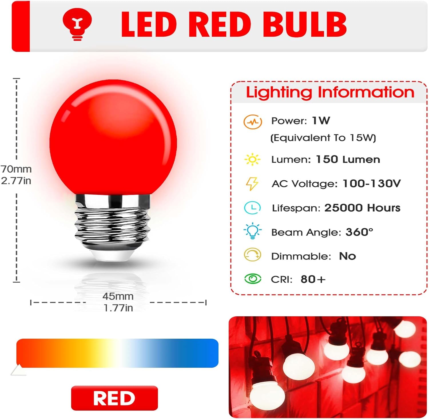 Bombilla LED roja, bombillas LED G45 de Navidad, equivalentes a bombillas de tocador de colores de 15 W, luces rojas de 1 W de bajo vatio, base E26