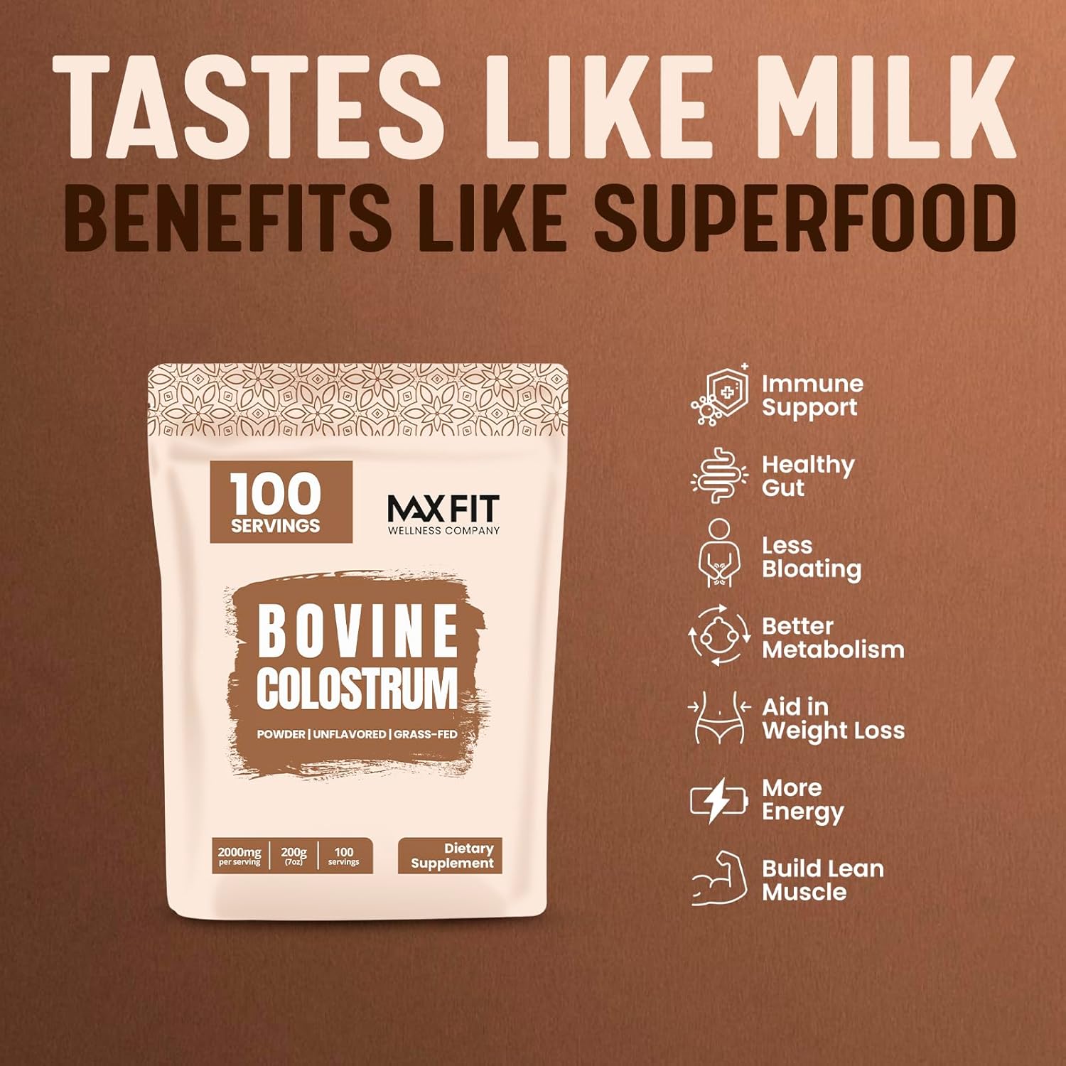 MAX FIT Suplemento en polvo de calostro, polvo de calostro bovino, potente primera leche  Concentrado fácil de mezclar alimentado con pasto, salud