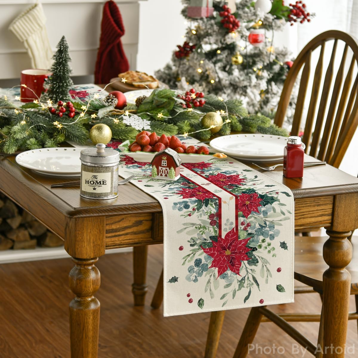 Artoid Mode Camino de mesa de Navidad con hojas de flor de pascua de eucalipto, decoración de mesa de comedor para decoración de fiesta en el hogar,