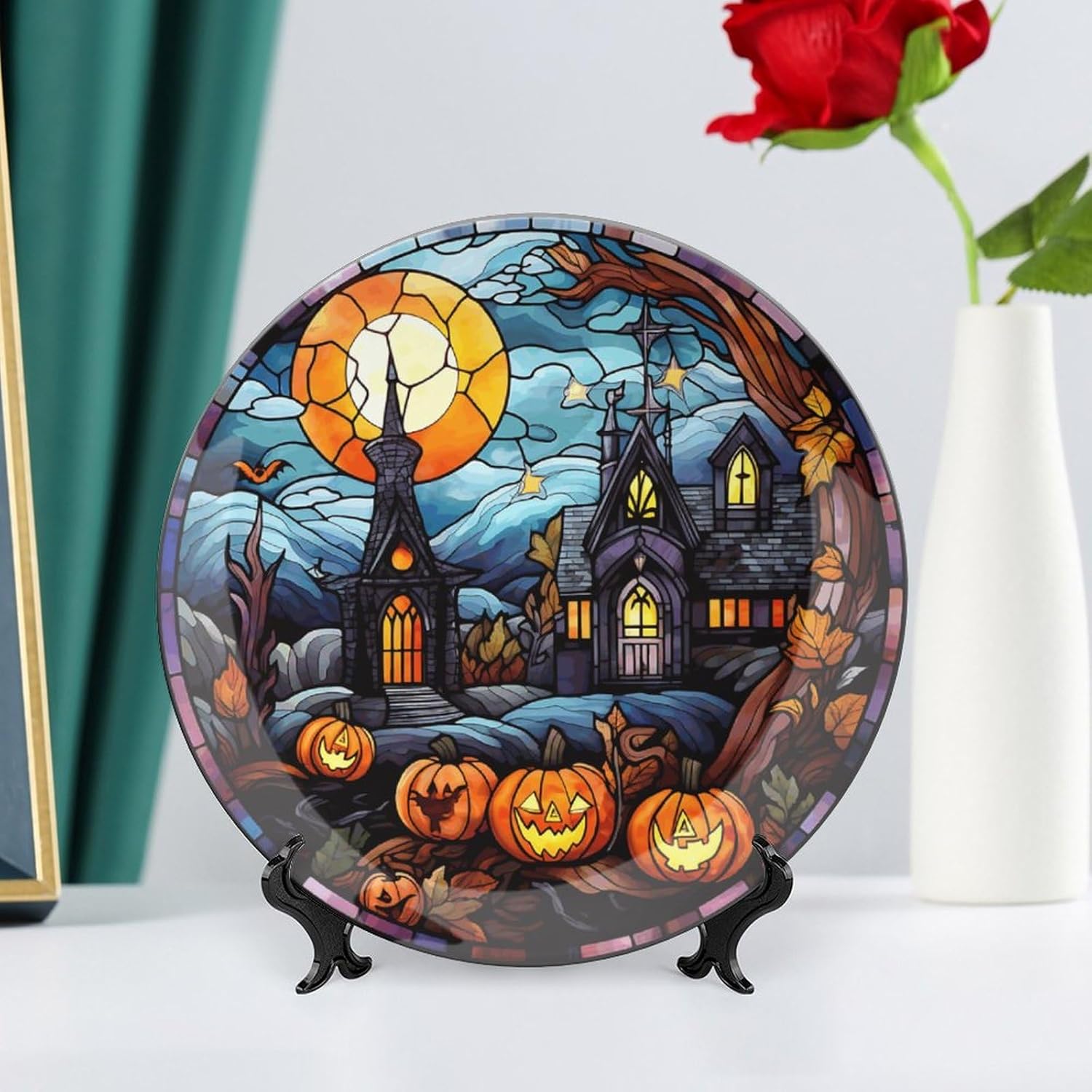 Platos decorativos de Halloween, diseño de casa embrujada, escena nocturna, vitral, placa de cena de cerámica para el hogar con soporte de