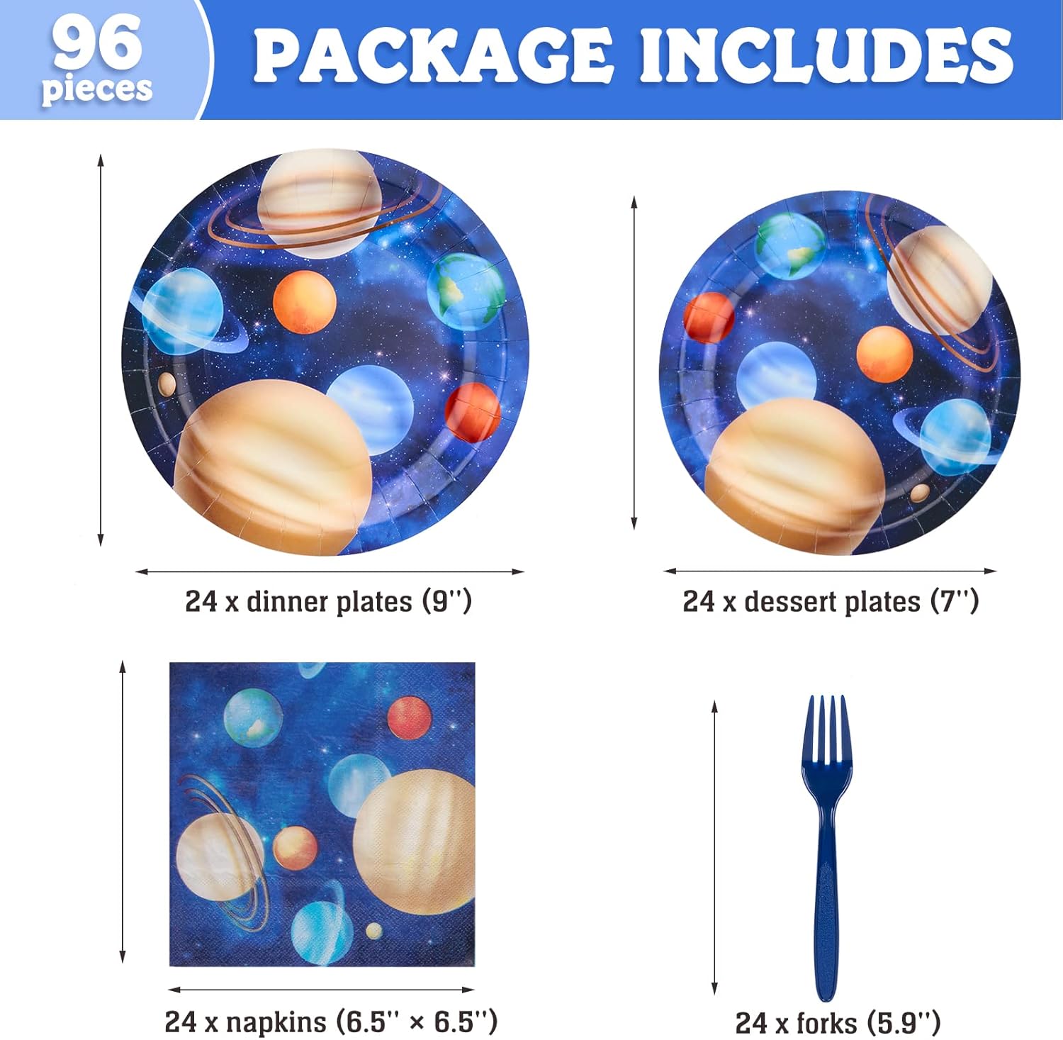 DECORLIFE Suministros para fiestas temáticas espaciales para 24 unidades, decoraciones de fiesta del espacio exterior para niños, platos de planeta,