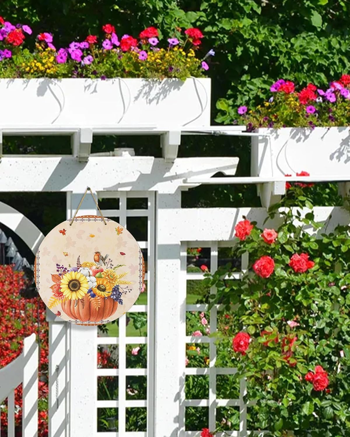 Letrero de bienvenida para decoración de puerta delantera, girasol de otoño, hojas de arce, calabaza, bohemio, de 10 pulgadas, coronas colgantes,