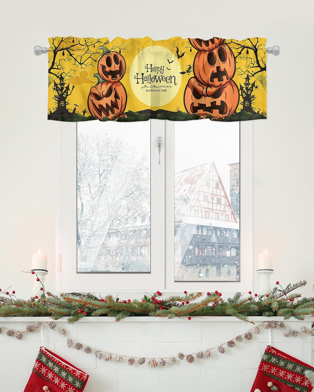 Window Valance Curtain for Kitchen, Halloween Pumpkin Bat Branch Castle Moon 42″x12″ Rod Pocket Window Treatment Valance Privacy Toppers Drape for