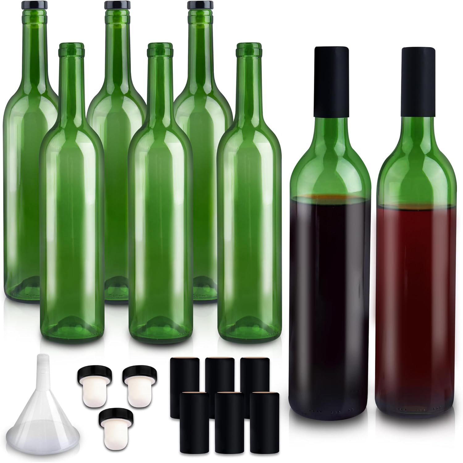 Paquete de 8 botellas de vino de vidrio de 25.4 fl oz, botellas de vidrio verde de 25 onzas con tapas de corcho y cápsulas retráctiles de PVC,