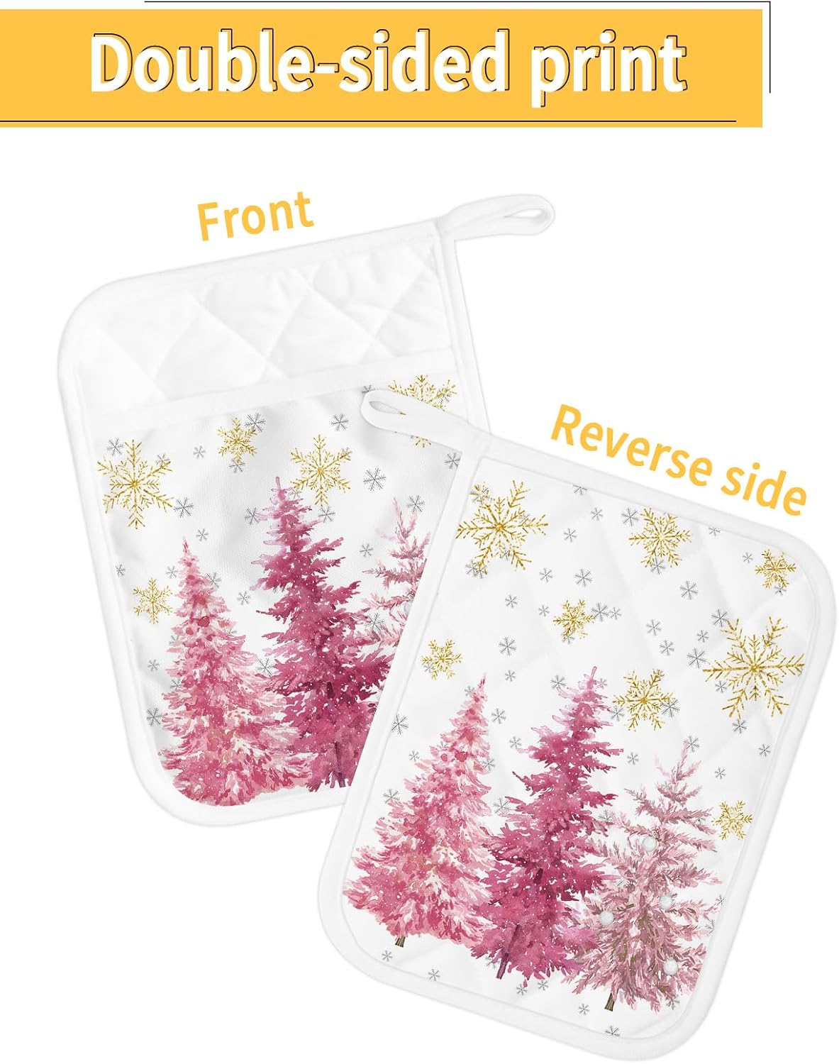Snowflake Tree 3Pcs Pot Holders for Kitchen,Non Slip & Heat Insulation Terry Cloth Potholder Set with Pocket,Thick Hot Pad Oven Mitts Trivet Coaster