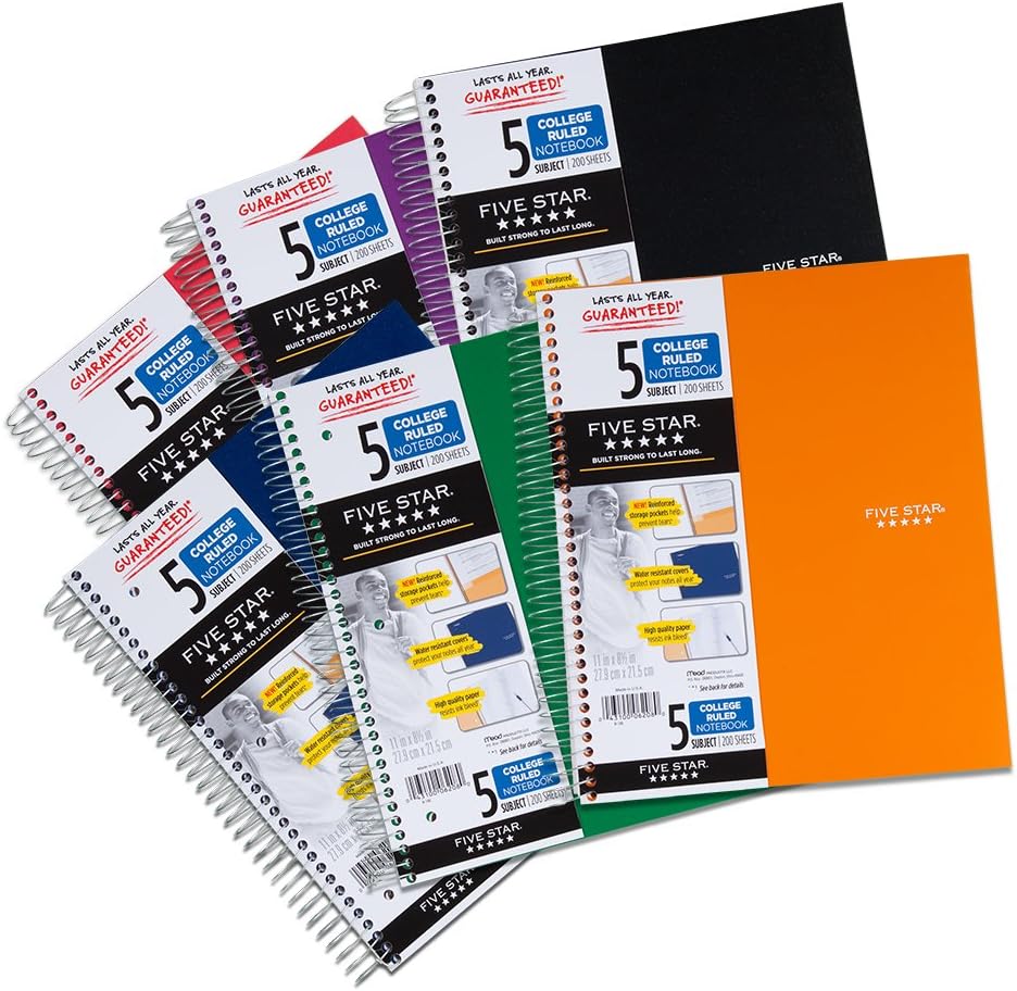 Five Star Cuaderno de espiral, 5 materias, rayado universitario, 11 x 8.5 pulgadas, morado
