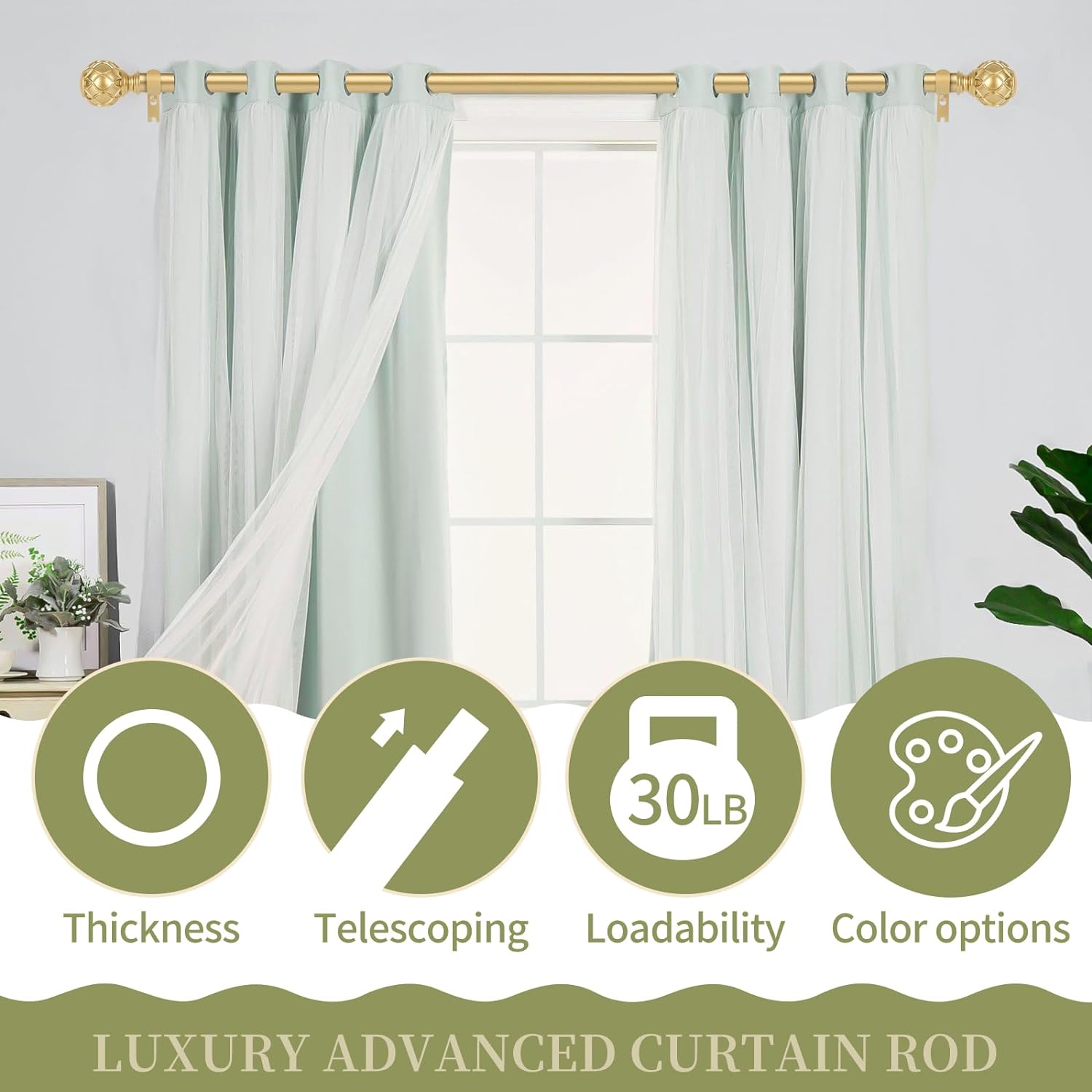 Cortineros dorados para ventanas de 48 a 84 pulgadas (4-7 pies), ajustable de 1 pulgada, resistentes, con remates de textura de red, de una sola
