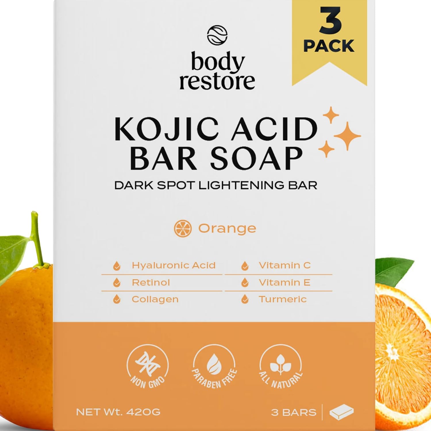 Body Restore Jabón de ácido kójico (naranja paquete de 3), con vitamina C, E, manteca de karité, colágeno, ácido hialurónico, cúrcuma, retinol para