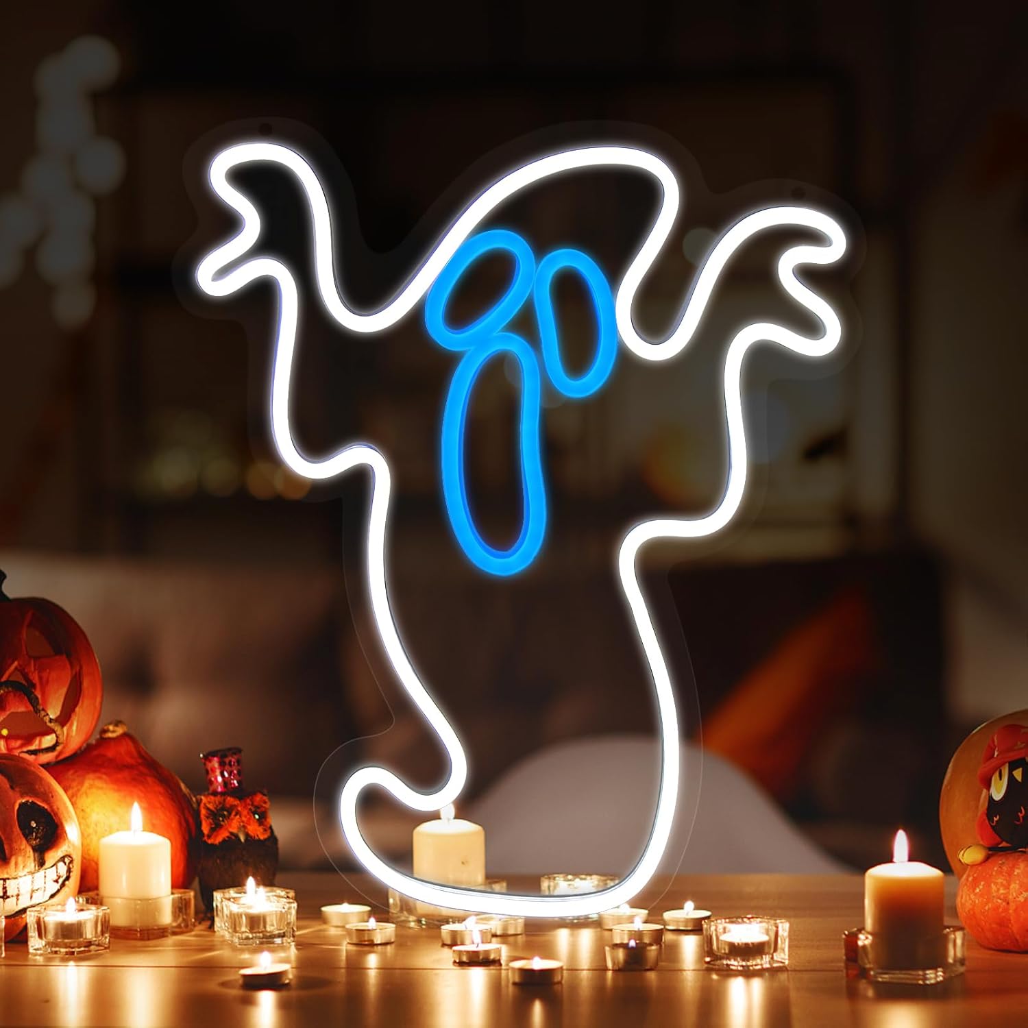 Letrero de neón de fantasma de Halloween con USB o funciona con pilas, decoración de pared de fiesta, luces colgantes de Halloween de brillo