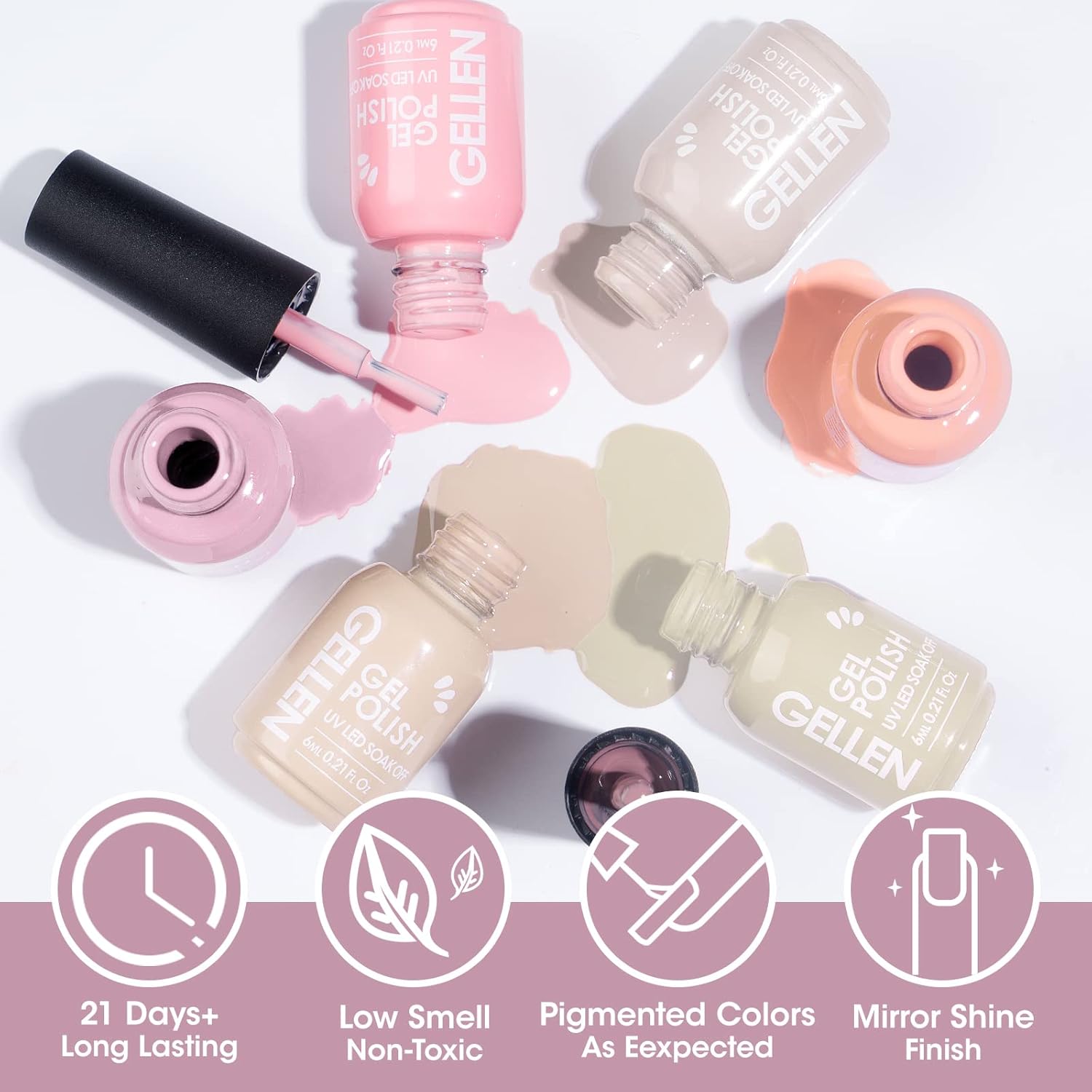 Gellen Kit de esmalte de uñas de gel, 6 colores, juego de esmalte de uñas de gel transparente lechoso con lámpara de uñas de 36 W, kit de iniciación