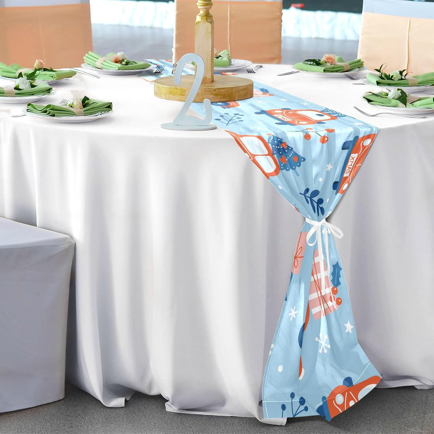 Blue Funny Car Christmas Trees Table Runner Fall Decorations for Home for Dining Table Decor Christmas Table Runner 120 Inches Long