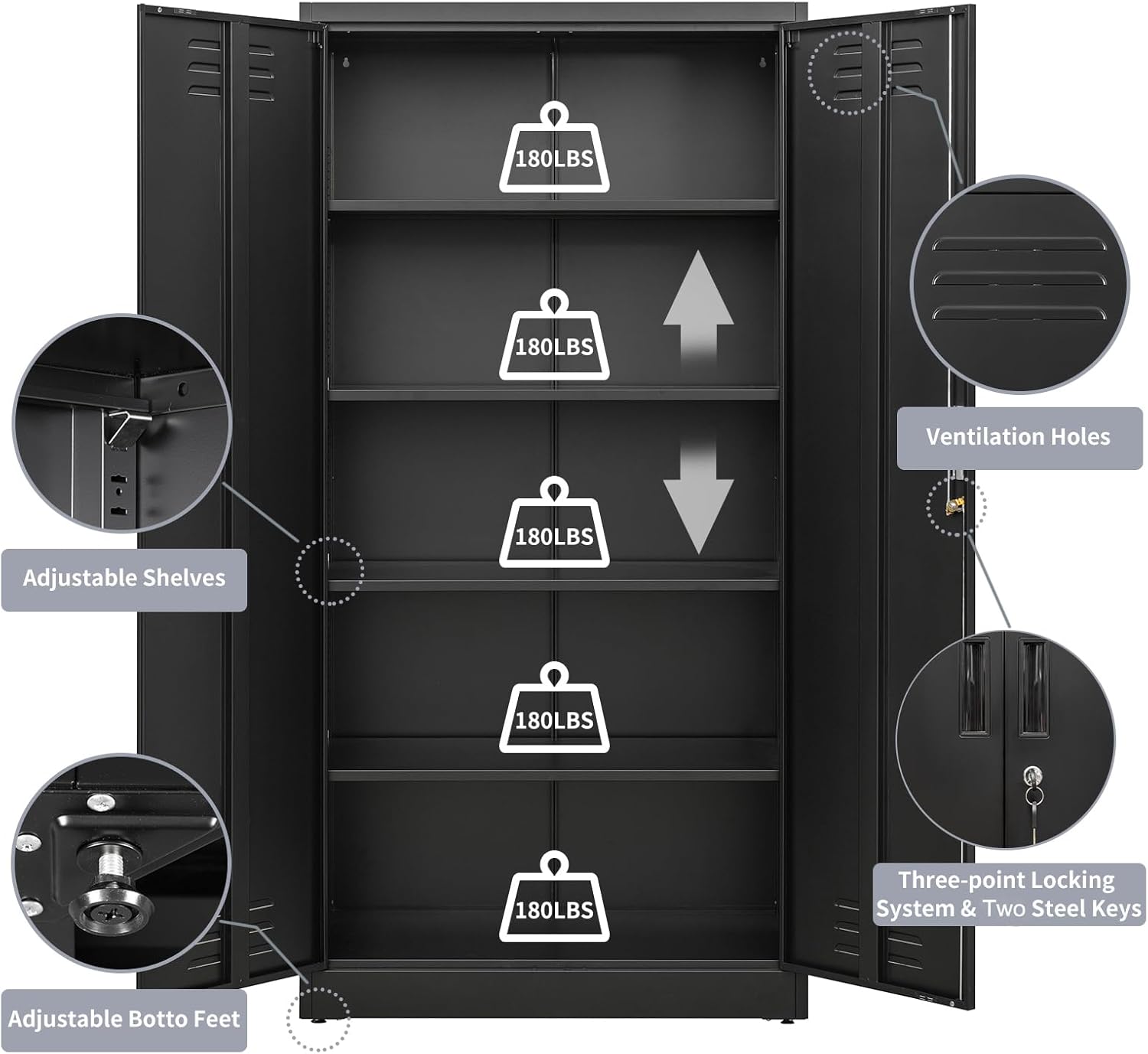 TaskStorz Armario de almacenamiento de metal de 71 pulgadas con puertas de bloqueo y estantes ajustables, gabinete SnapIt de acero, gabinete de