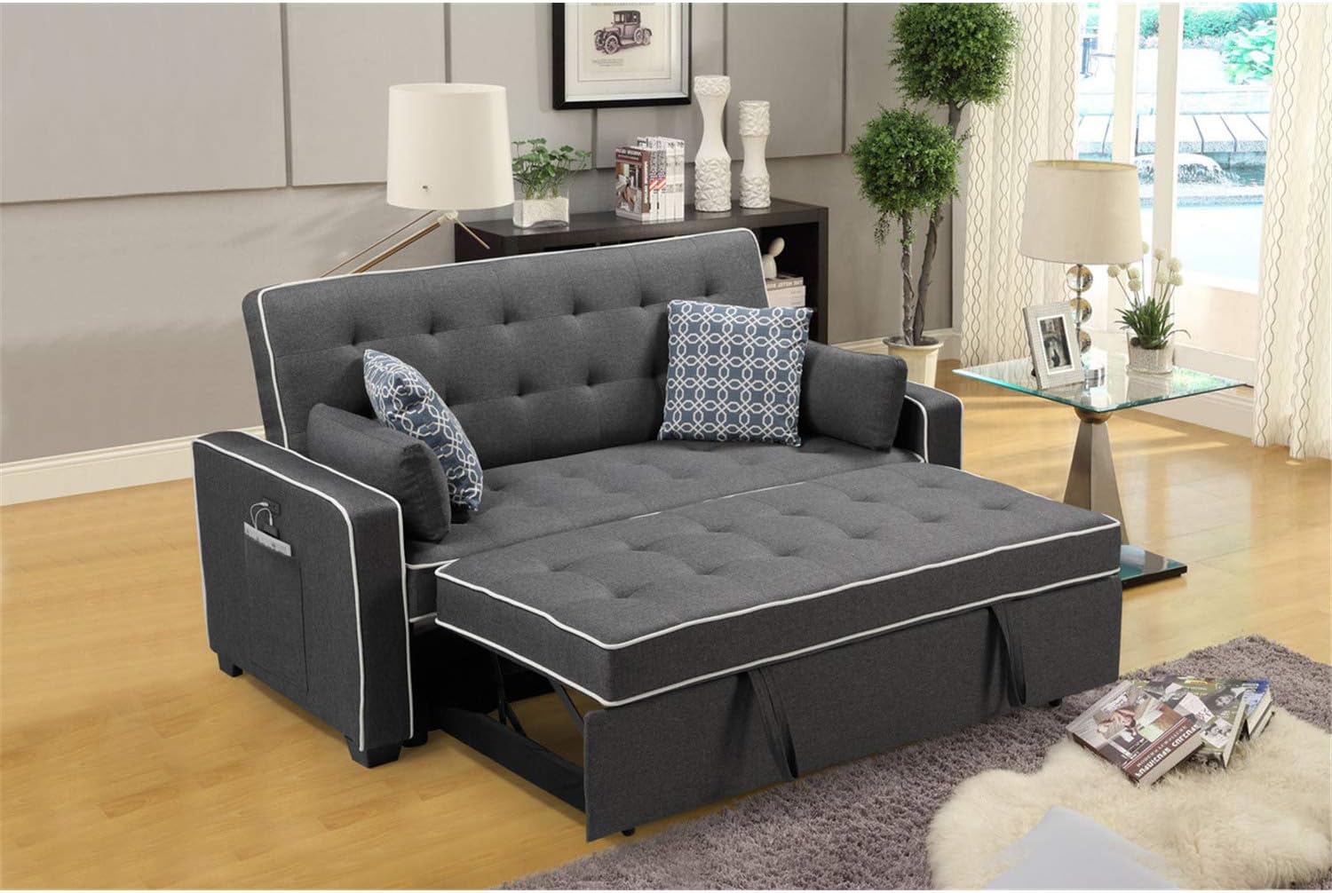 Lilola Home Cody – Sofá cama de tela con 2 puertos de carga USB y 4 almohadas decorativas, color gris