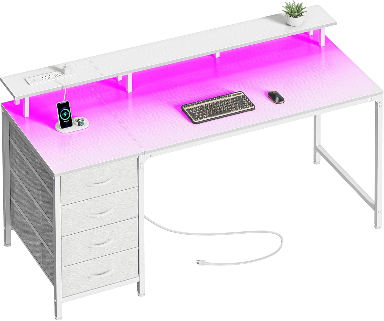 Escritorio para computadora de 55 pulgadas con tomas de corriente y luces LED, escritorio para juegos con 4 cajones, escritorio de oficina con