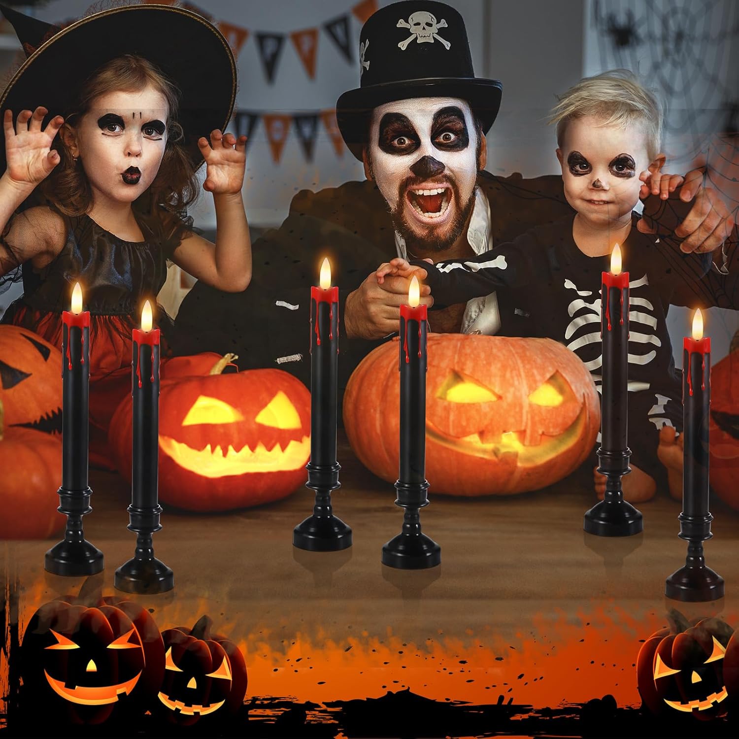 Sratte 12 juegos de velas LED sin llama con control remoto y portavelas, funciona con pilas, velas de lágrimas de vampiro, decoración espeluznante y