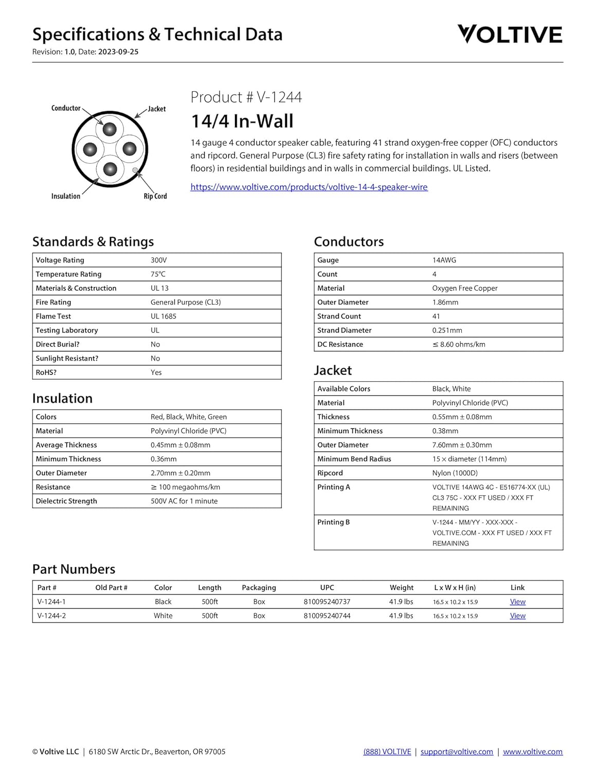 Voltive Cable de altavoz 144 – Conductor de 14 AWGcalibre 4 – Listado UL en clasificación de pared (CL2CL3) – Cobre sin oxígeno (OFC) – Caja de