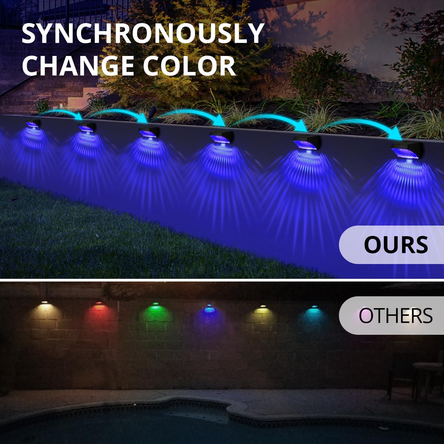 INCLAKE Paquete de 4 luces solares para valla, cambio de color síncrono, luces solares para cubierta con blanco cálido y modo RGB y función de