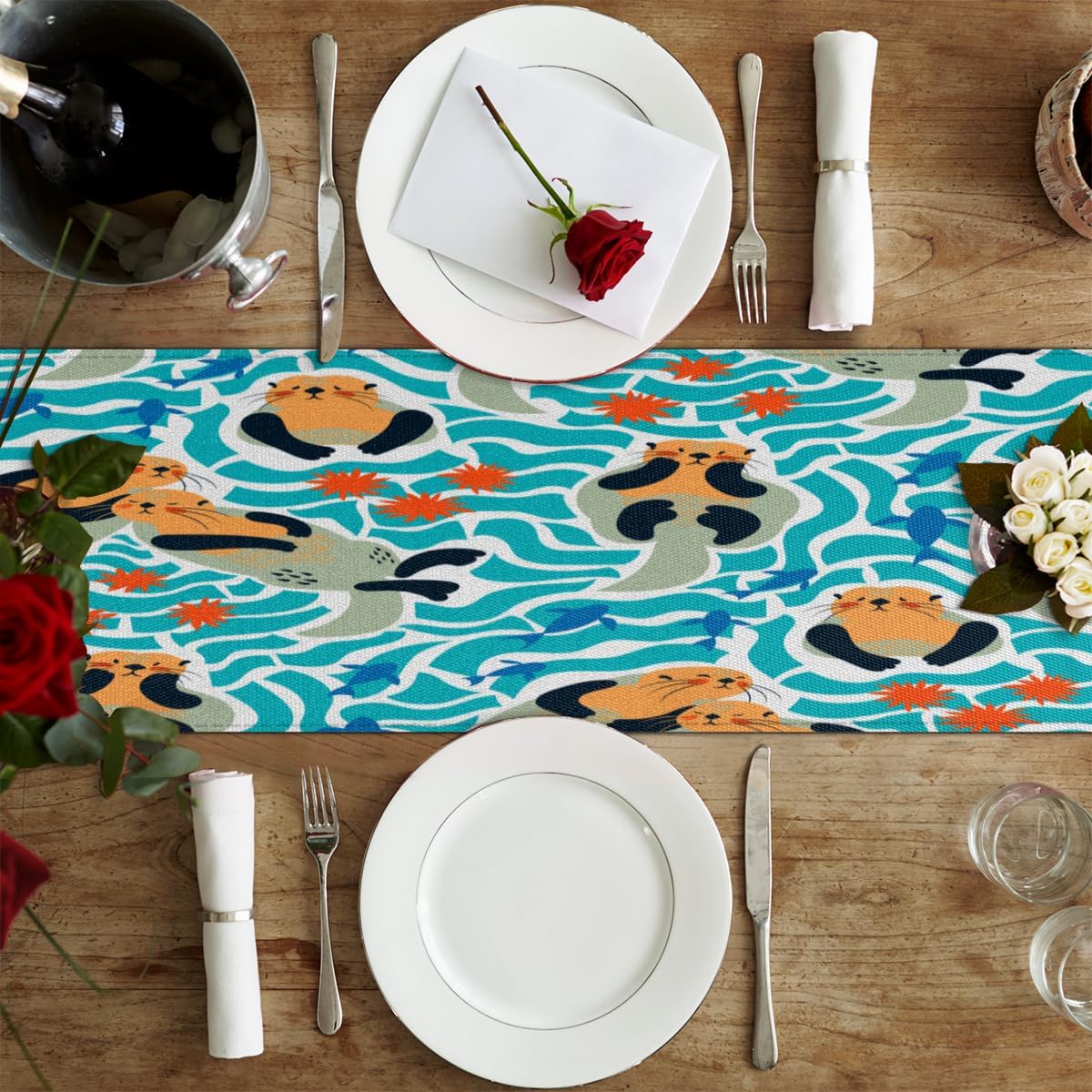 Table Runner Cartoon Sea Lion Baby, Rustic Linen Table Cloth for Farmhouse Kitchen, Dinner, Events, Party, Holiday Table Decor 13 x 36 Inches