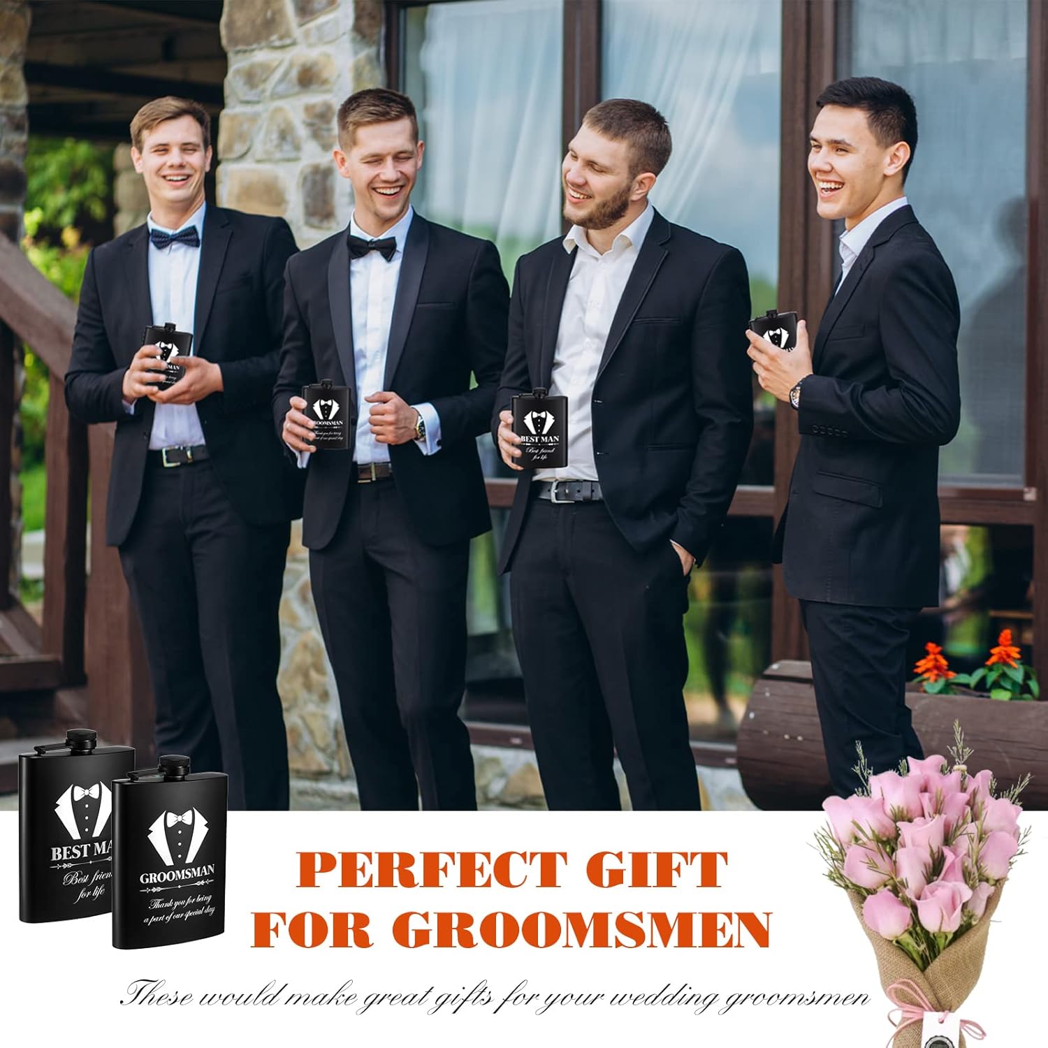 Zubebe Juego de 6 juegos de regalos para padrinos de boda de 8 onzas con embudos para boda, padrino de boda con grabado para hombres, frasco grabado