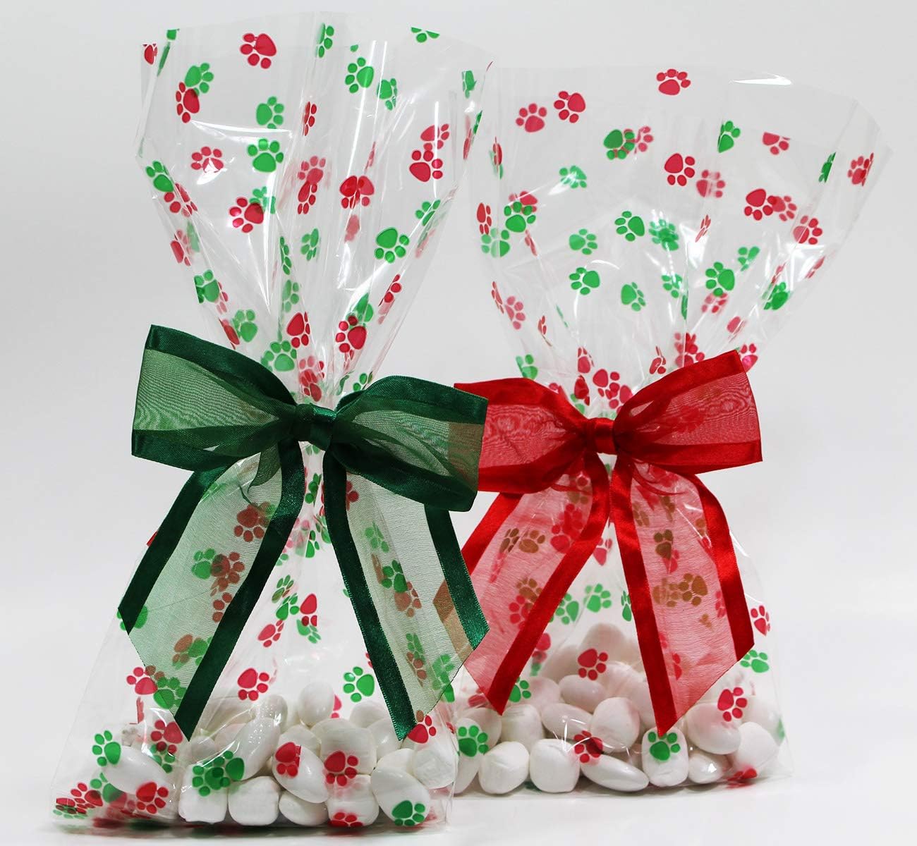 Saybrook Products Bolsas navideñas de celofán con lazo de organza con lazo de organza con estampado de patas de perro, juego de 10 bolsas reforzadas