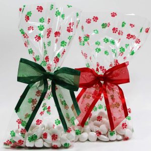 Saybrook Products Bolsas navideñas de celofán con lazo de organza con lazo de organza con estampado de patas de perro, juego de 10 bolsas reforzadas Saybrook Products Bolsas navideñas de celofán con lazo de organza con lazo de organza con estampado de patas de perro, juego de 10 bolsas reforzadas