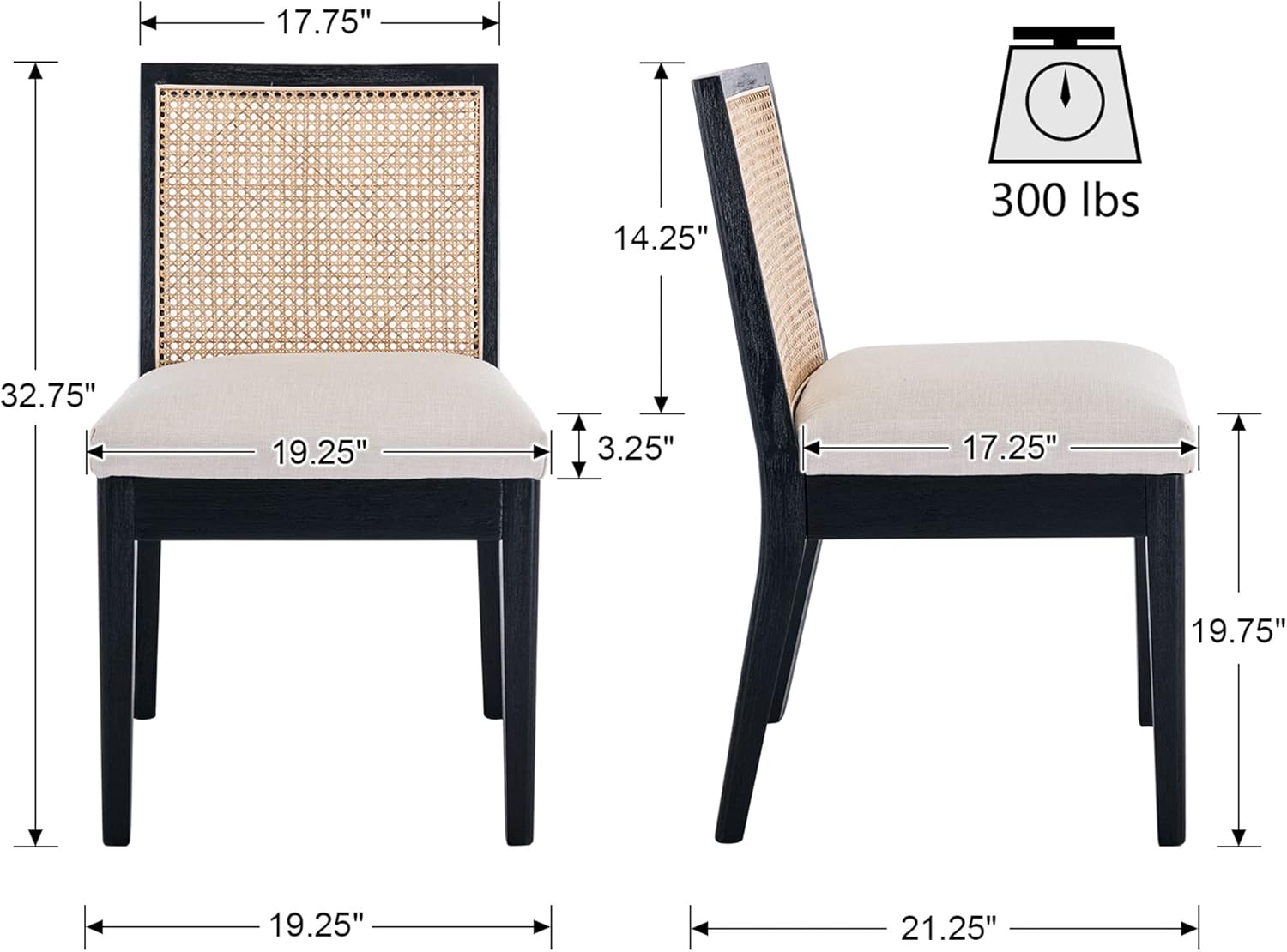 VESCASA Sillas de comedor tapizadas con respaldo cuadrado de ratán, sillas de comedor acolchadas de lino sin brazos con patas de madera para
