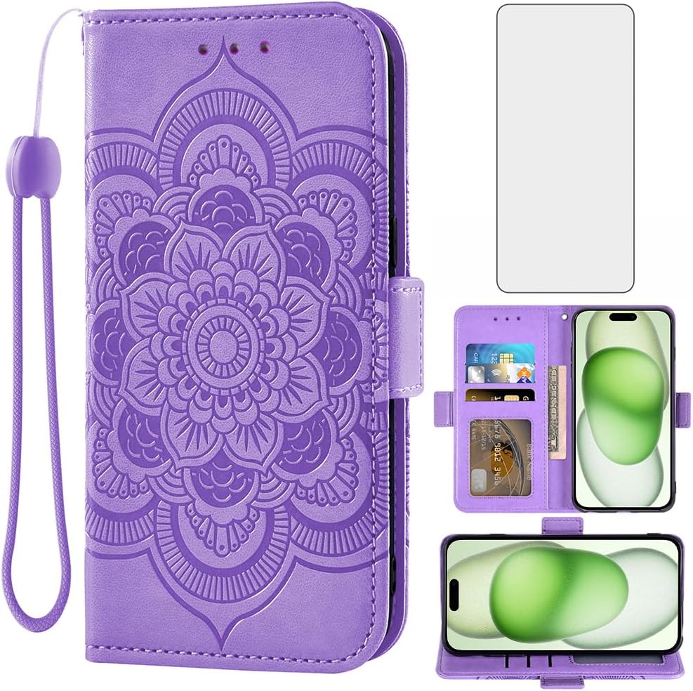 Asuwish Funda tipo cartera compatible con iPhone 15 Plus de 6.7 pulgadas y protector de pantalla de vidrio templado, funda para teléfono celular con