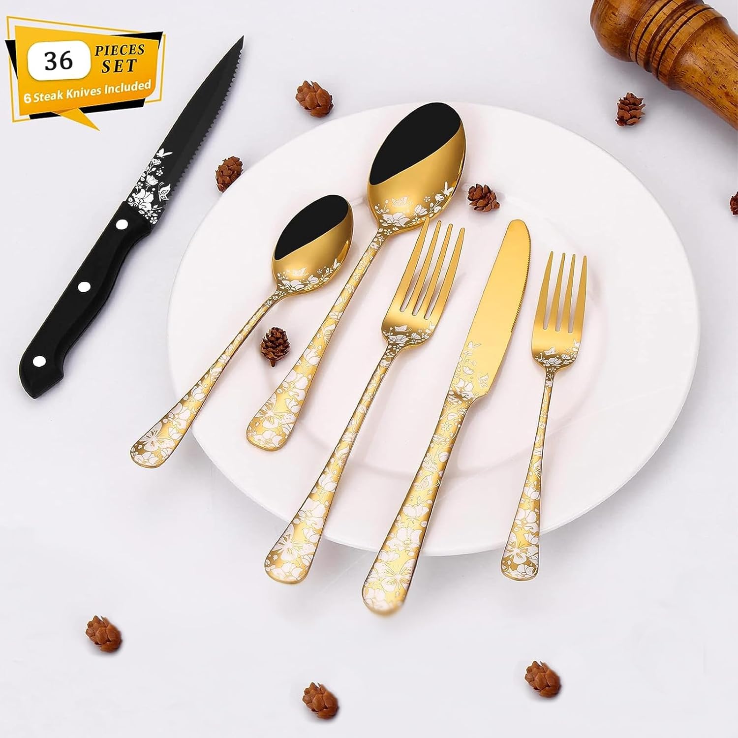 Stapava – Juego de cubiertos dorados de 36 piezas con cuchillos para carne para 6, cubiertos de acero inoxidable, utensilios únicos, juego de