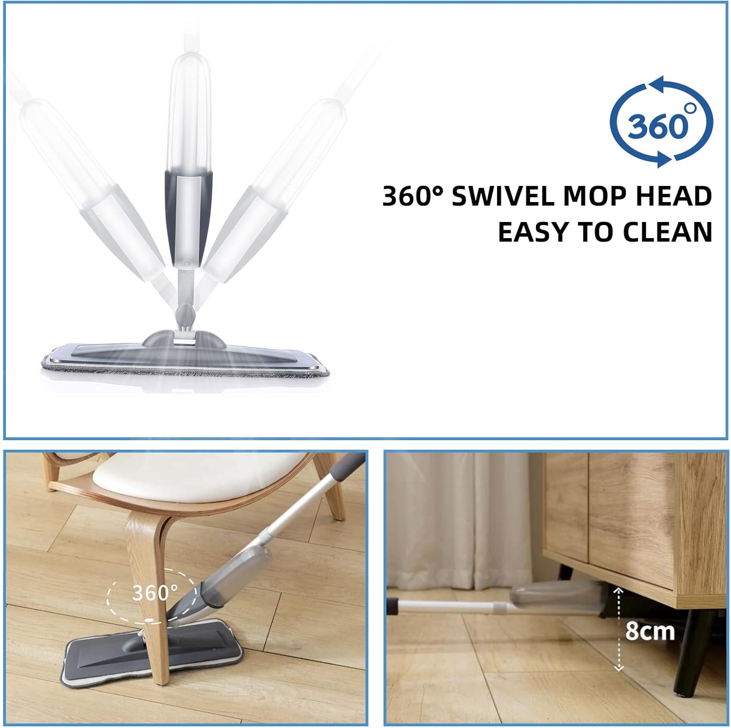Trapeador de microfibra para limpieza de suelos con 6 almohadillas lavables, trapeador de polvo giratorio de 360 grados con soporte para trapeador y