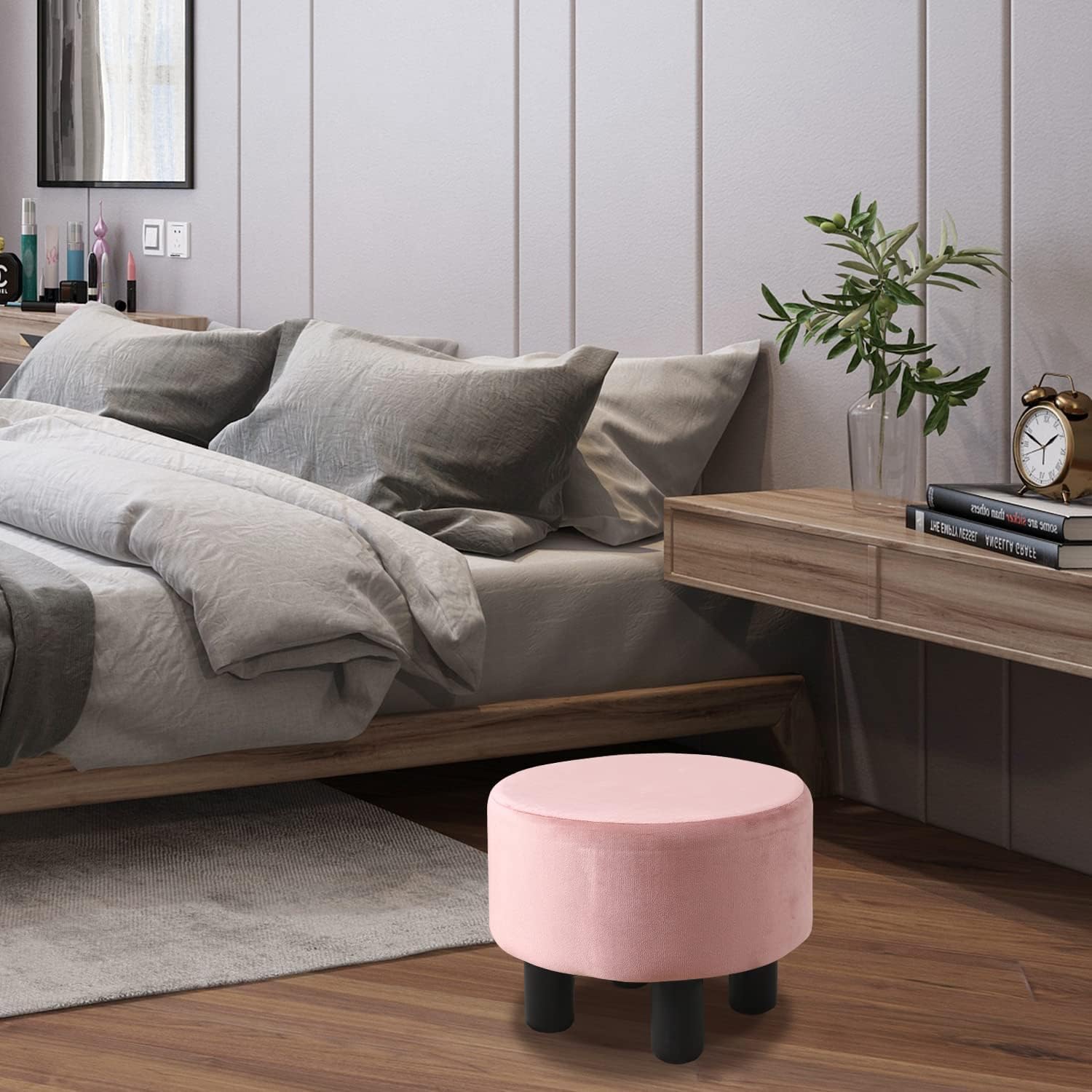 Cpintltr Taburete redondo otomano de terciopelo para sofá, escritorio, taburete suave acolchado con patas de pino antideslizantes, muebles de varios
