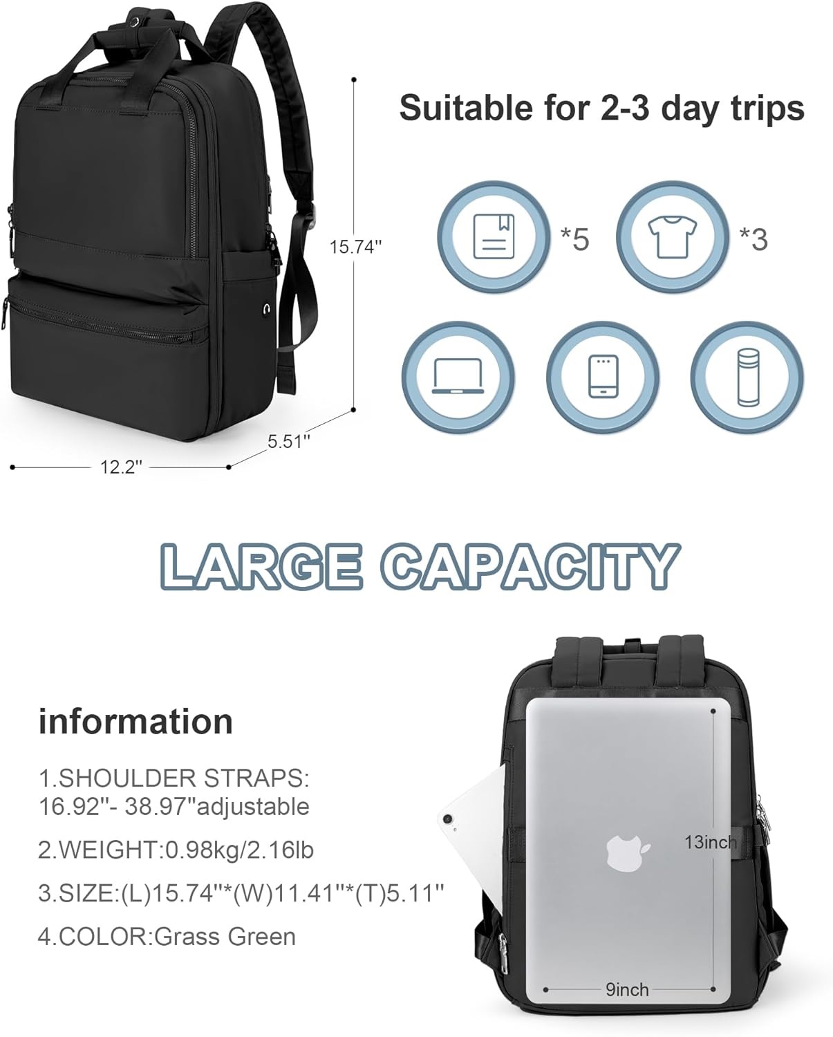 CADOLIM Mochila de viaje grande para llevar en el vuelo aprobado mochila para mochilas de viaje Mochila impermeable para artículos personales