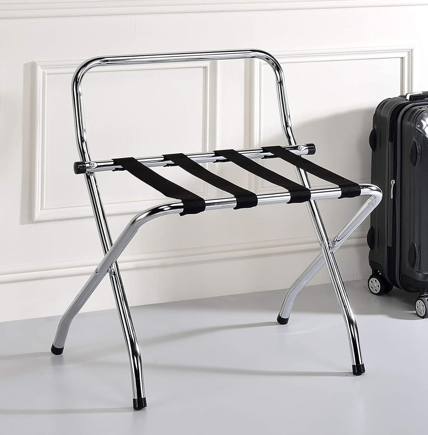 Kings Brand Furniture – Portaequipajes plegable con respaldo alto de metal cromadonegro