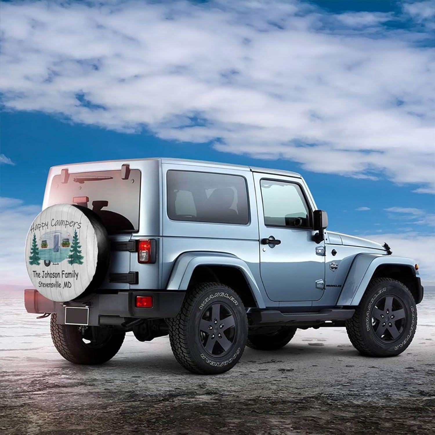 Happy Camper – Funda protectora para neumático de repuesto con nombre personalizado, para campamento, campamento, impermeable, para Jeep, remolque