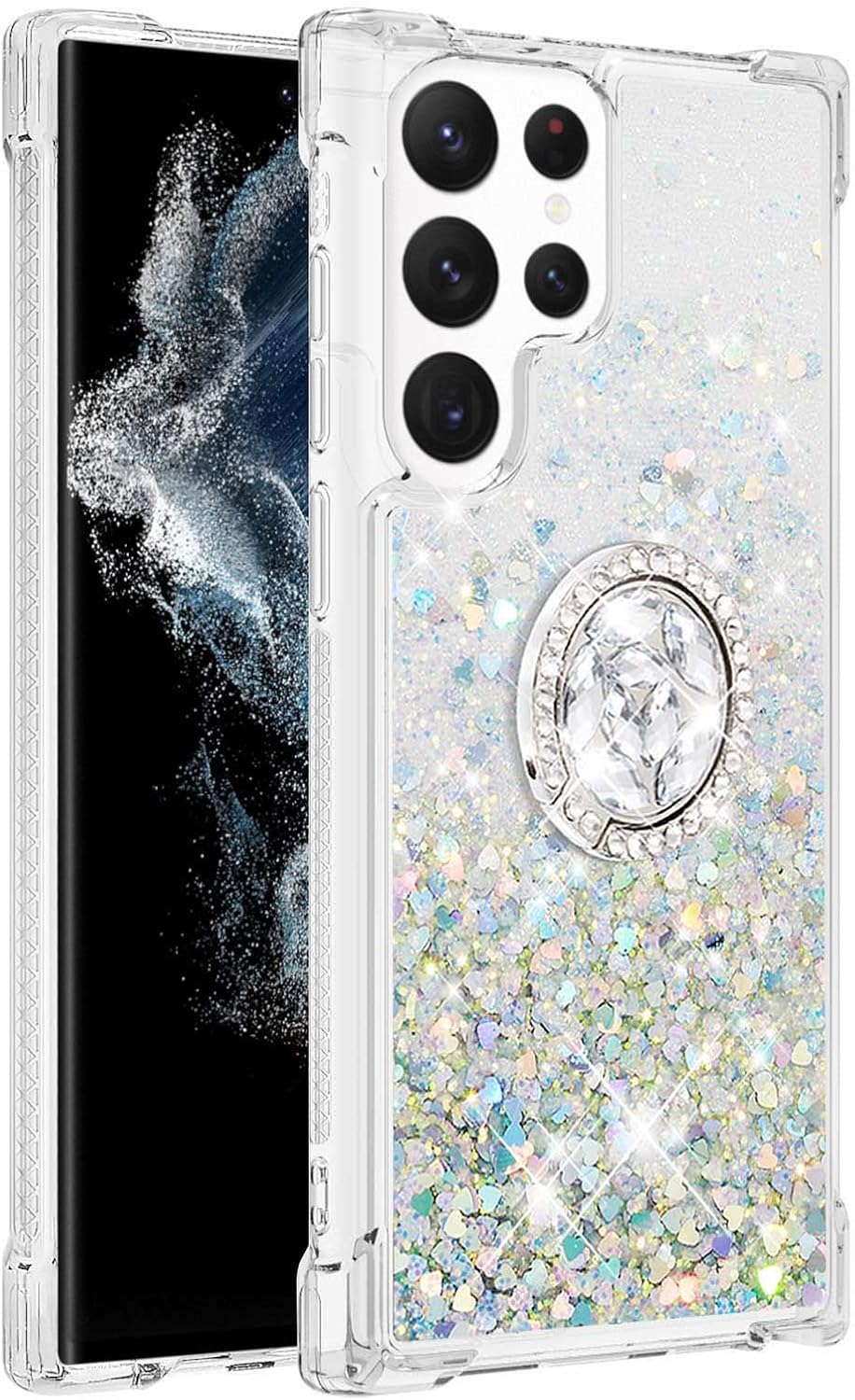 Tncavo Funda para Samsung Galaxy S23 Ultra para mujer, fundas con purpurina holográfica líquida en movimiento con anillo de diamante, TPU suave y