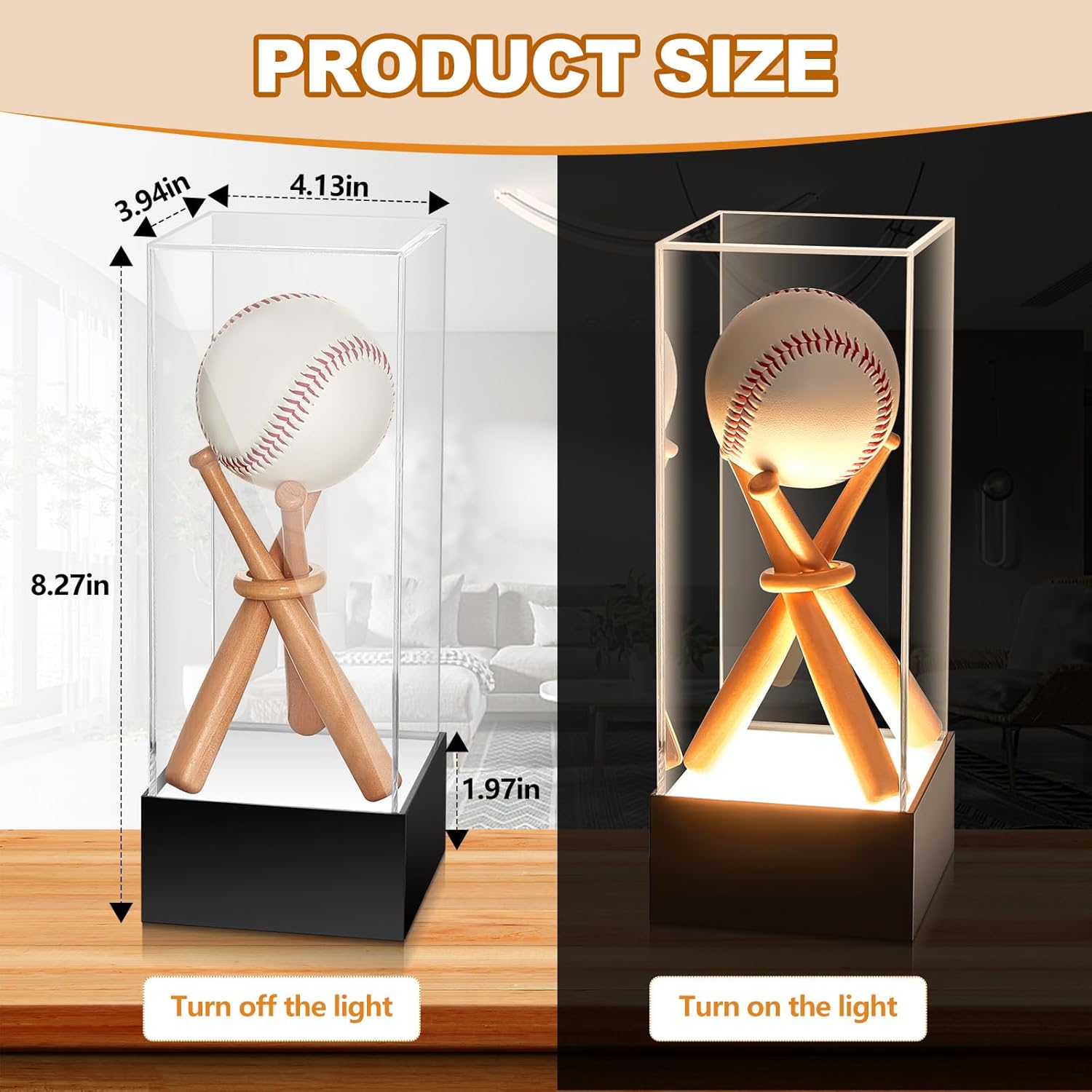 Menkxi Vitrina de béisbol con base de luz LED, soporte de béisbol con palos de madera, soporte de exhibición de acrílico transparente con protección