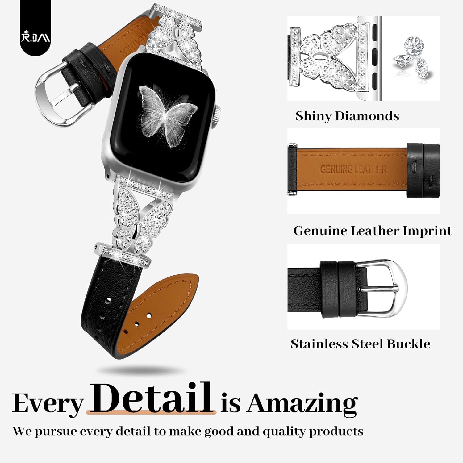 JR.DM Correas de reloj de cuero para mujer, compatibles con Apple Watch de 1.496 pulgadas, 1.575 pulgadas, 1.614 pulgadas, con conector de mariposa