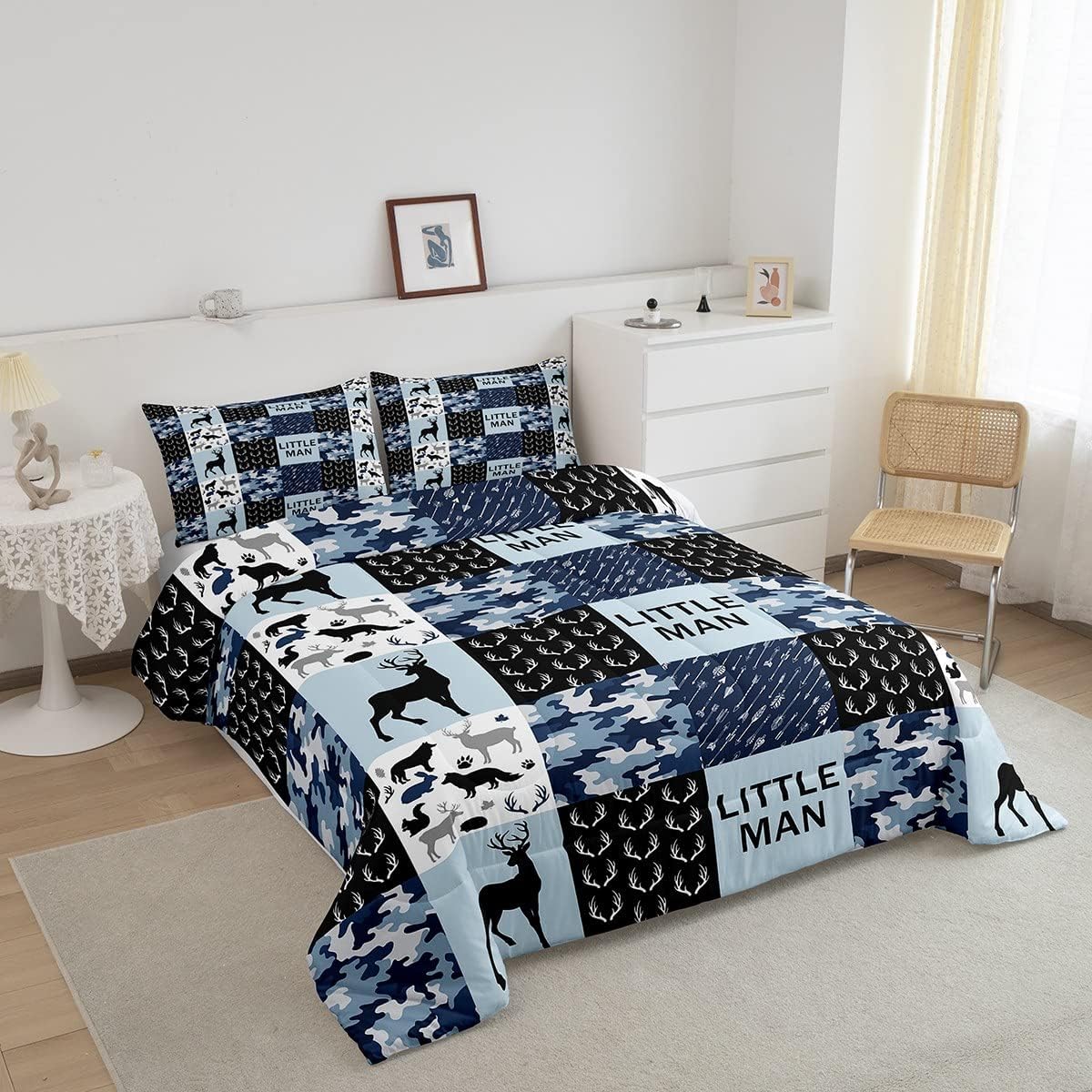 Manfei Juego de edredón de camuflaje con cuernos de ciervo tamaño matrimonial, ropa de cama de retazos geométricos de 3 piezas para decoración de