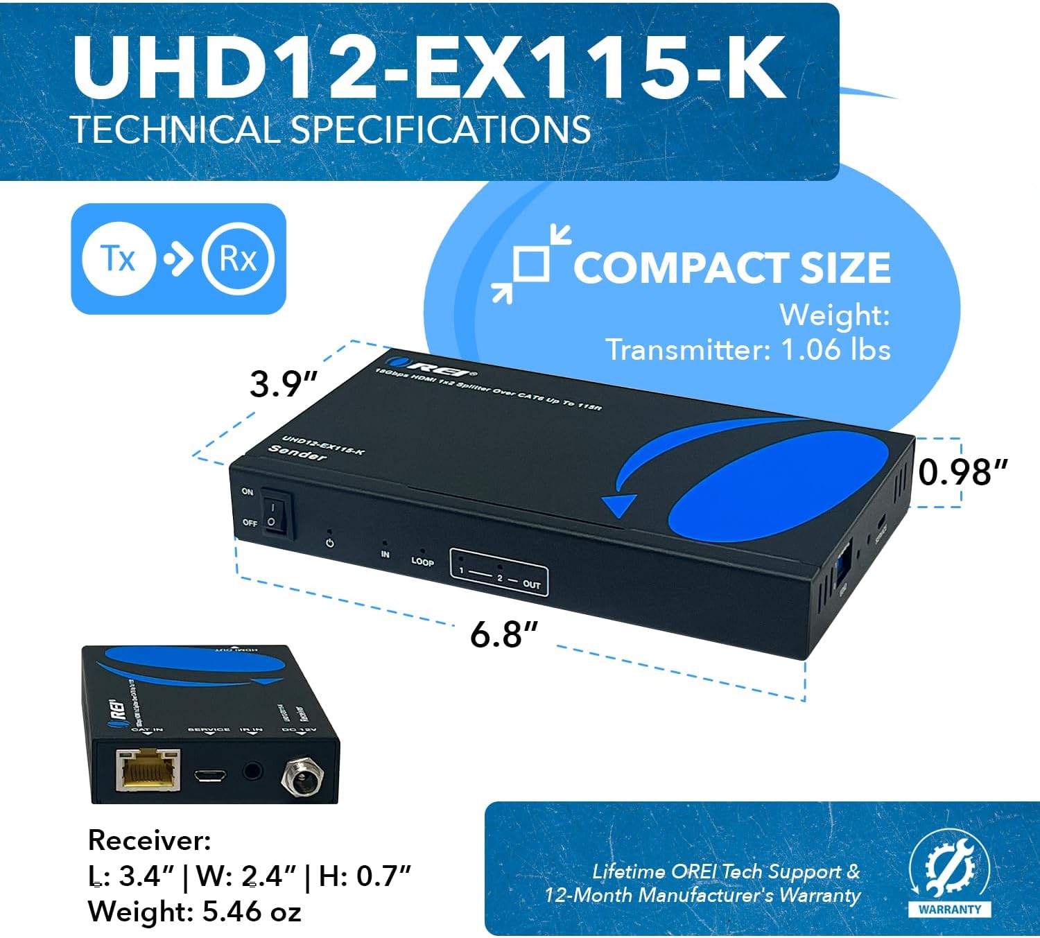 OREI Divisor extensor HDMI 1×2 4K por cable múltiple a través de un solo cable CAT67 4K 60Hz 444 HDCP 2.2 con gestión EDID remota IR – hasta 115