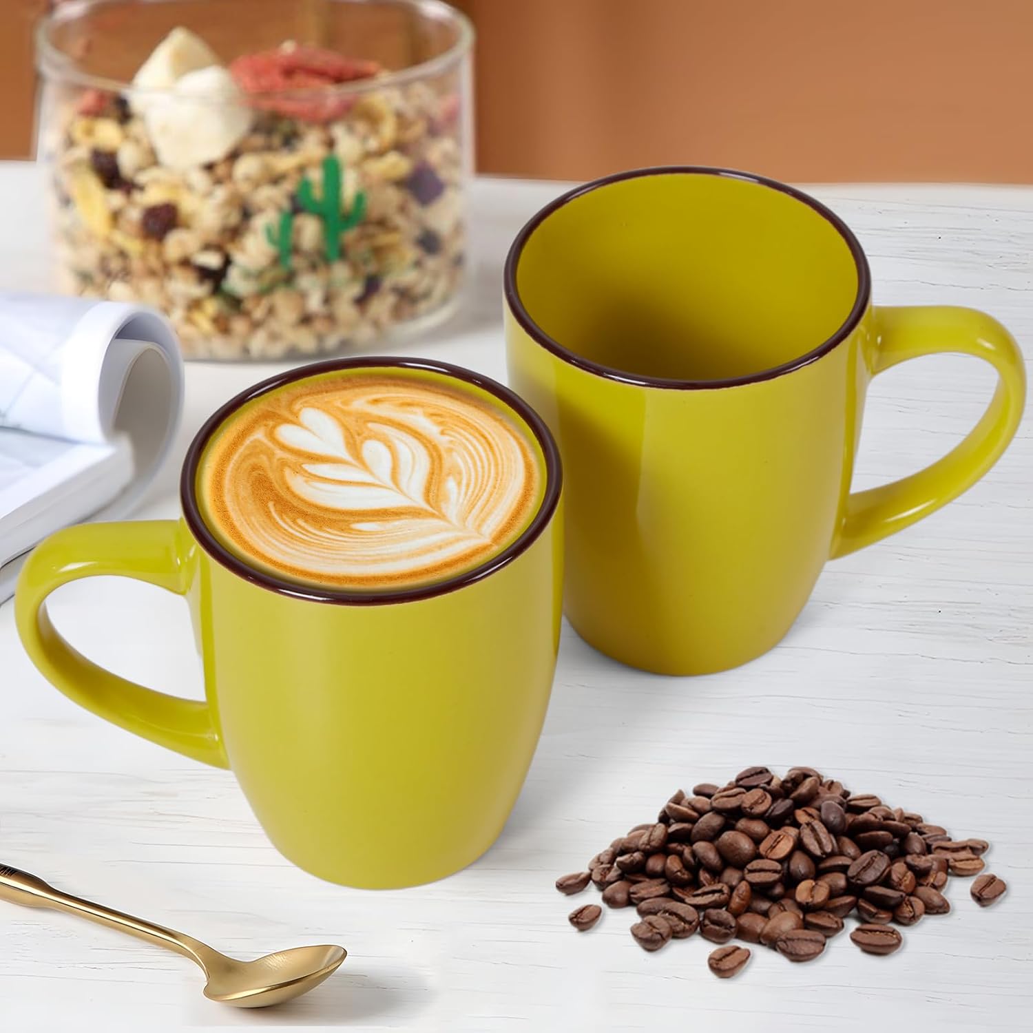 Juego de 6 tazas de café de 12 onzas con mango grande, tazas modernas con asa para té, café con leche, cacao capuchino, aptas para lavavajillas y