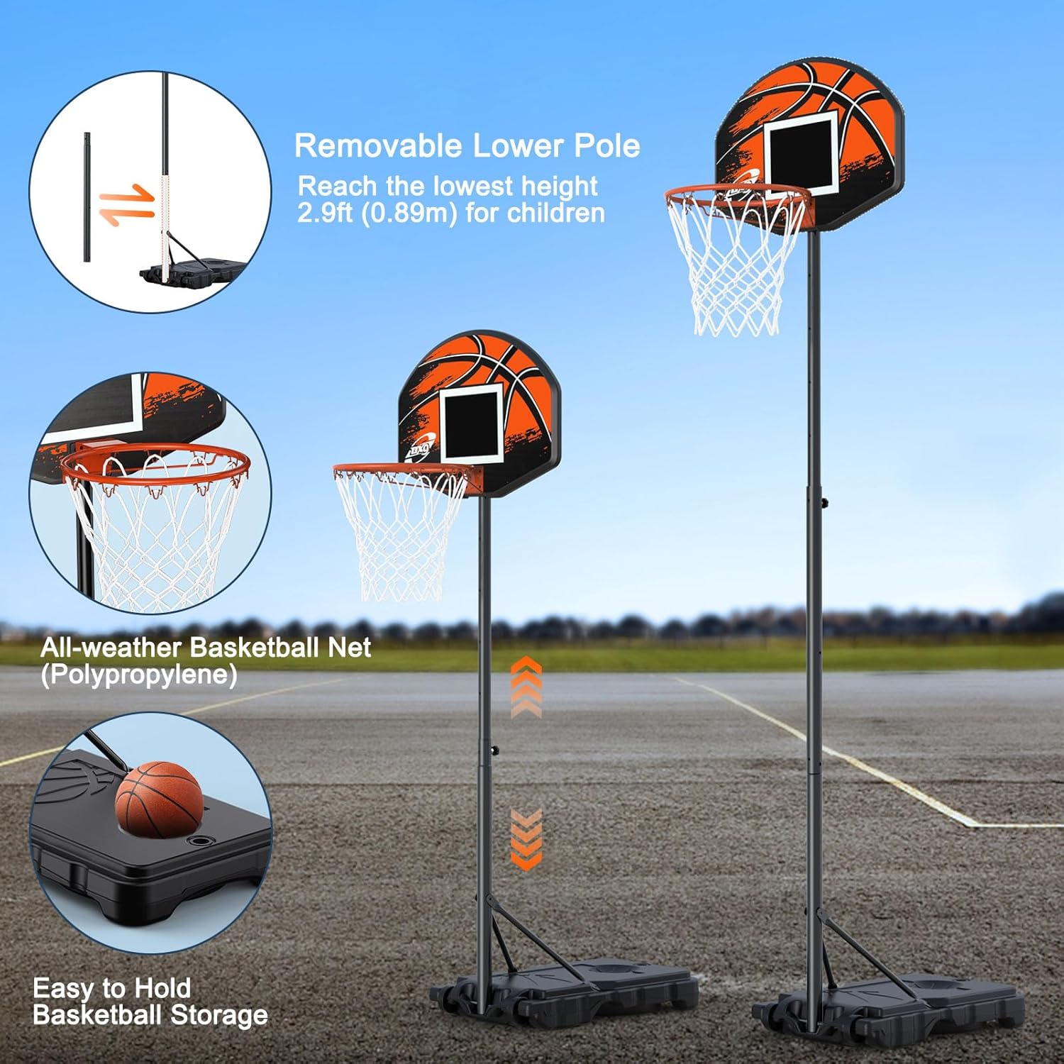 Aro de baloncesto para niños, aro de baloncesto ajustable de 2.9 a 6.9 pies, para exteriores, tablero trasero de 28 pulgadas, soporte de baloncesto