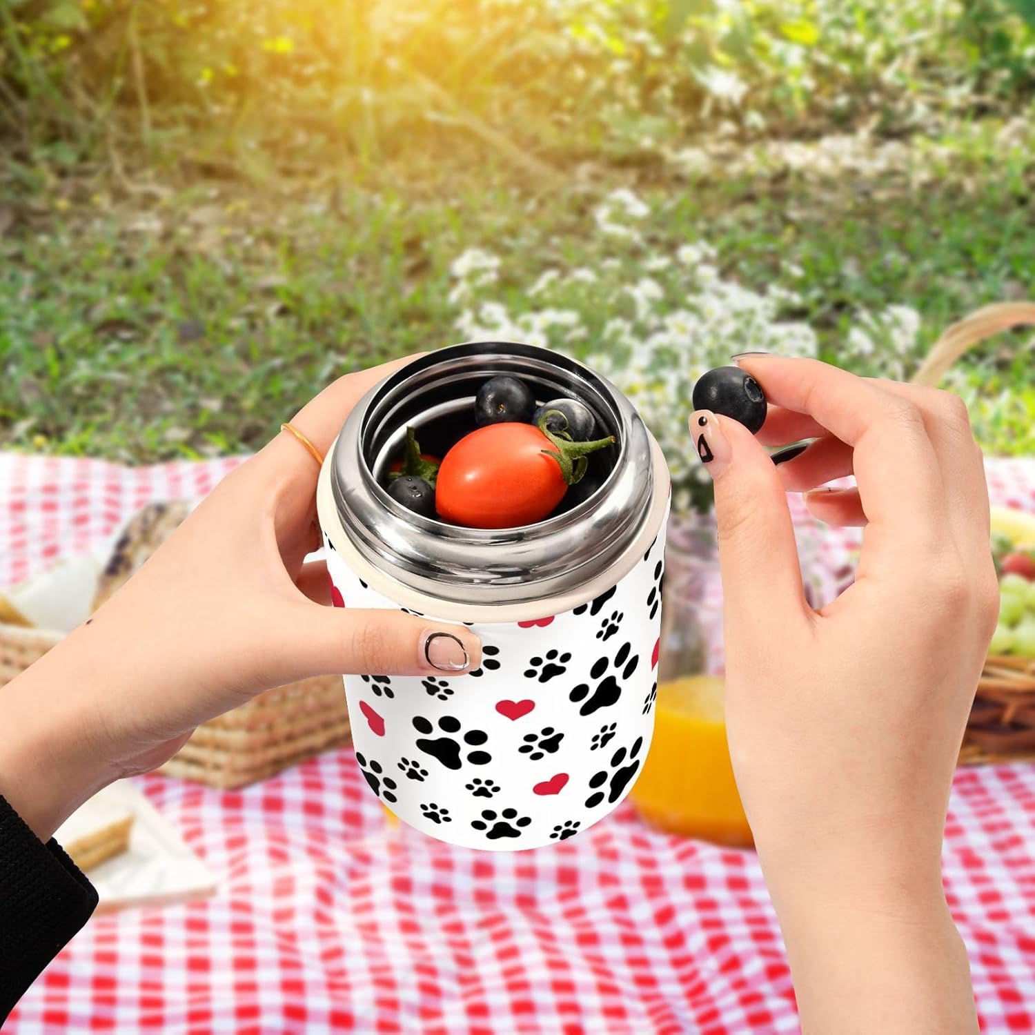 Tarro de comida aislado al vacío de 17 onzas, con diseño de pata de perro, pata de gato, termo de acero inoxidable para comida caliente y sopa con