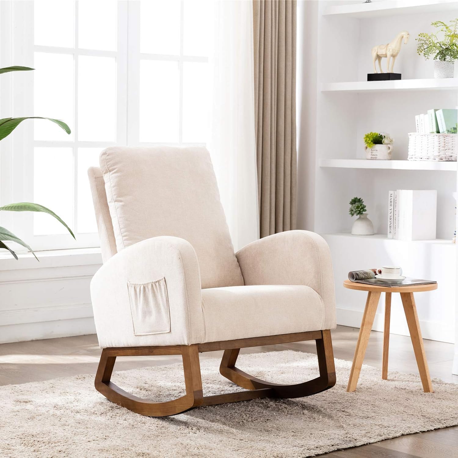 Mecedora Dolonm, estilo de mediados de siglo, moderna tapizada, con respaldo alto, para cuarto de bebé o sala de estar (beige)