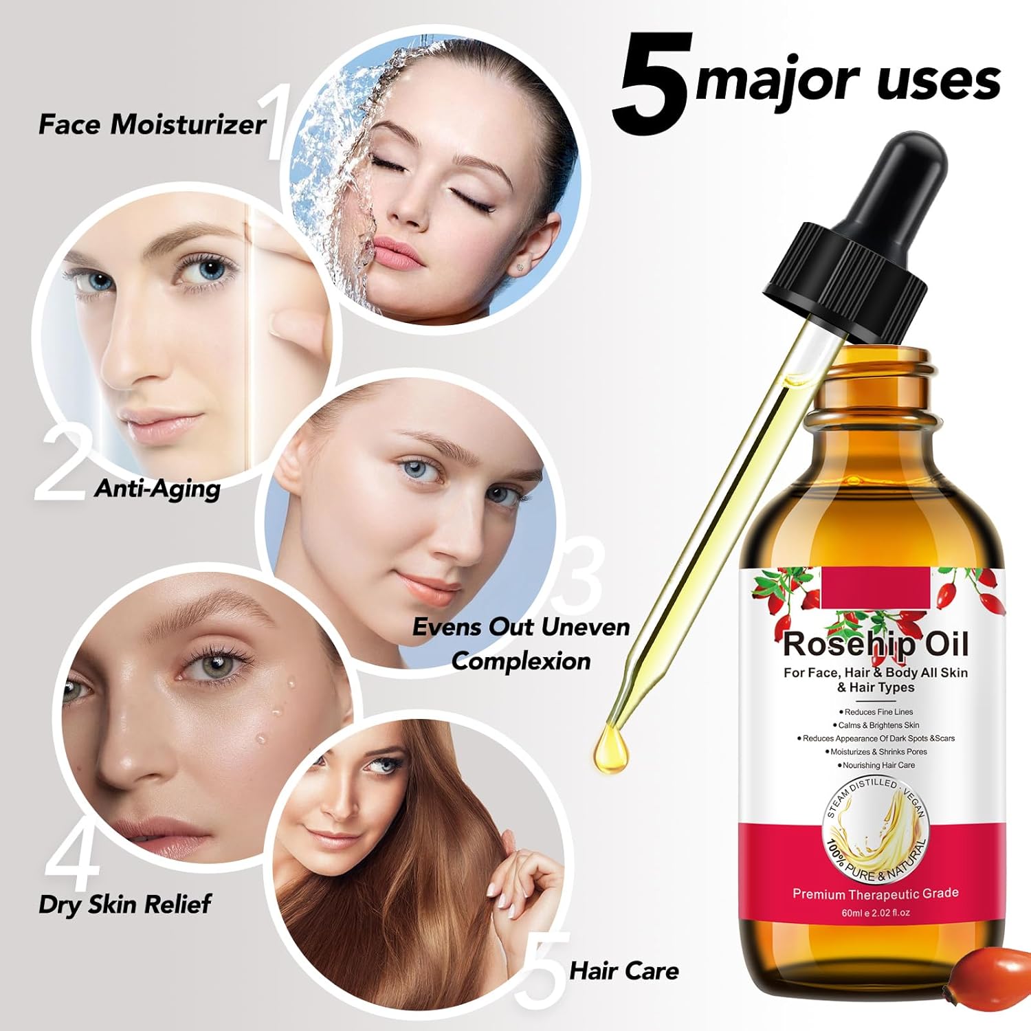 Aceite de rosa mosqueta de 2.1 fl oz para cara, aceite de semilla de rosa mosqueta orgánico para la piel, aceite esencial de rosa mosqueta, aceite